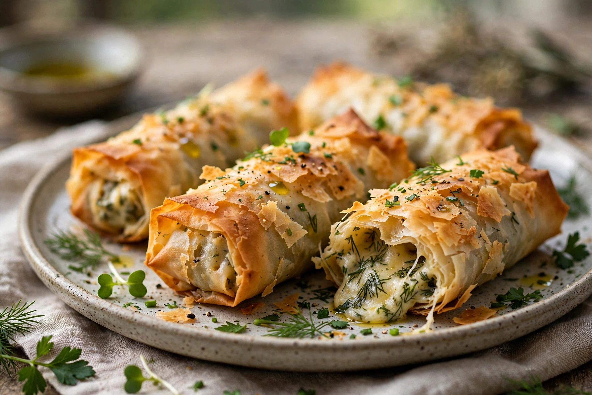 Golden crispy phyllo rolls filled with cheese and herbs, served on a plate