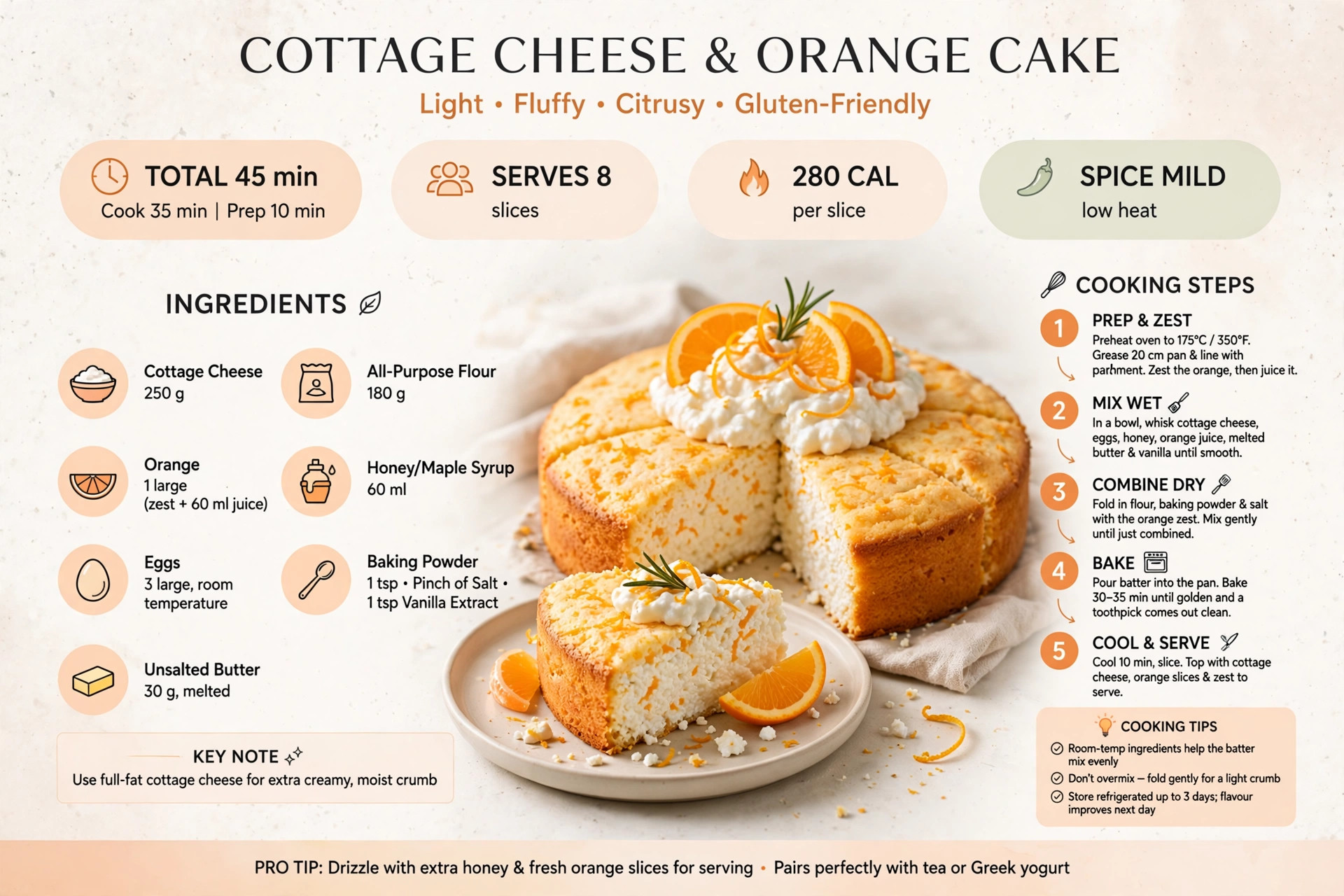 Recipe infographic: Cottage Cheese and Orange Cake — ingredients and step-by-step visual guide