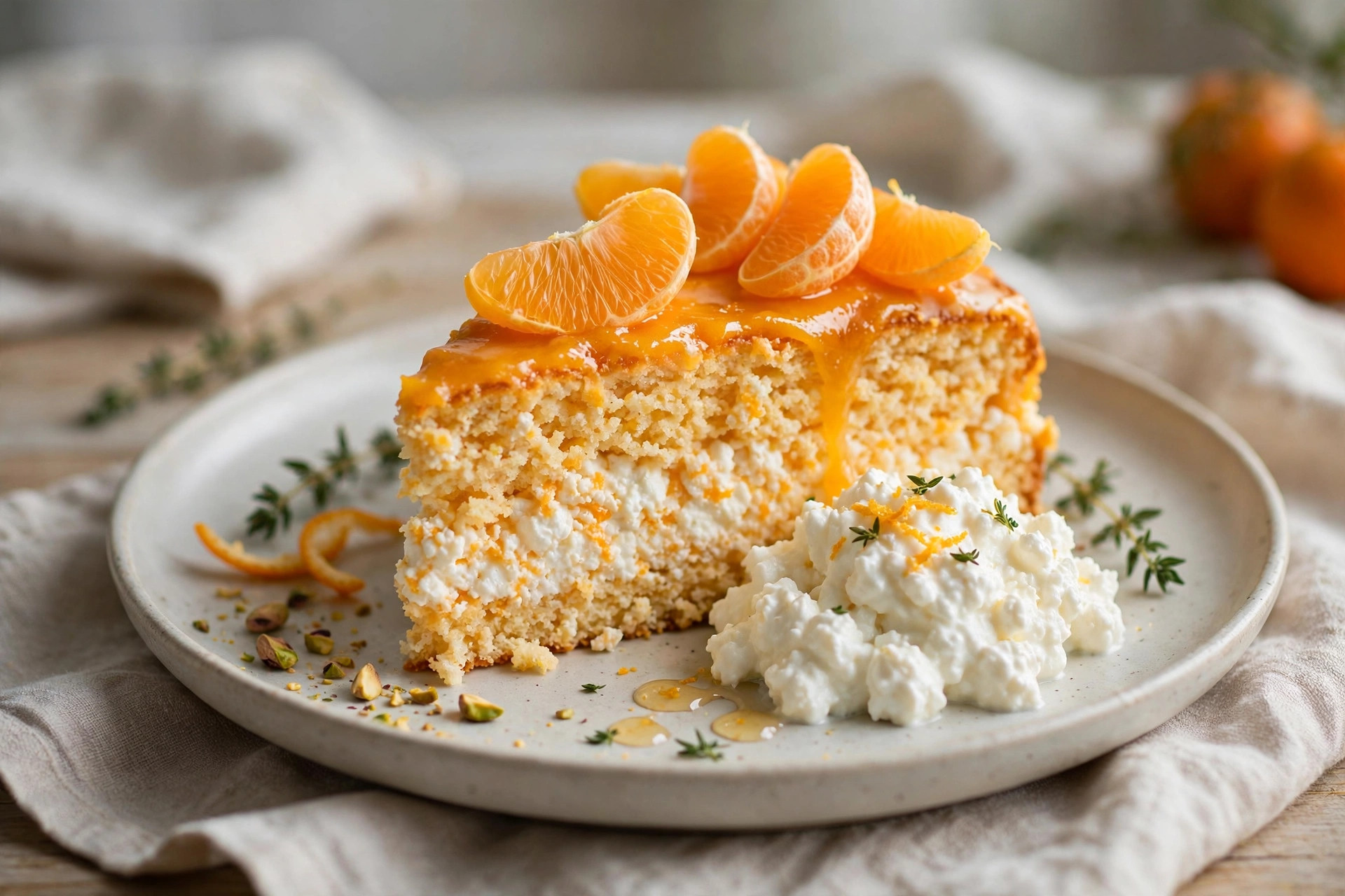 Cottage cheese and orange cake with glossy orange jelly top decorated with orange segments