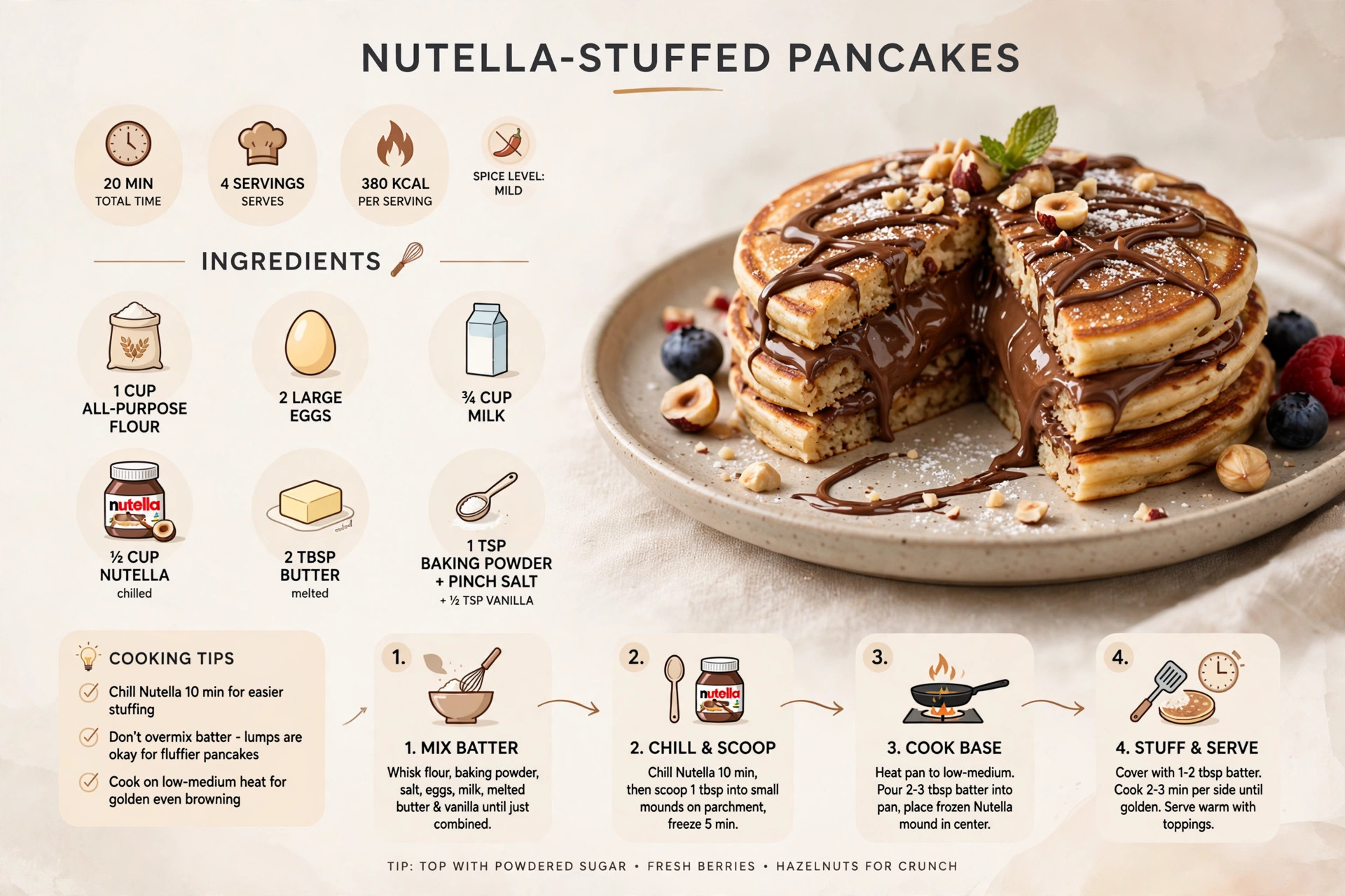 Recipe infographic: Nutella-Stuffed Pancakes — ingredients and step-by-step visual guide
