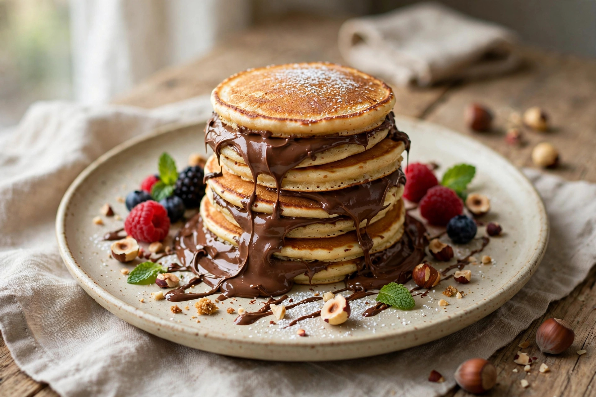 Stack of golden Nutella-stuffed pancakes with a molten chocolate center
