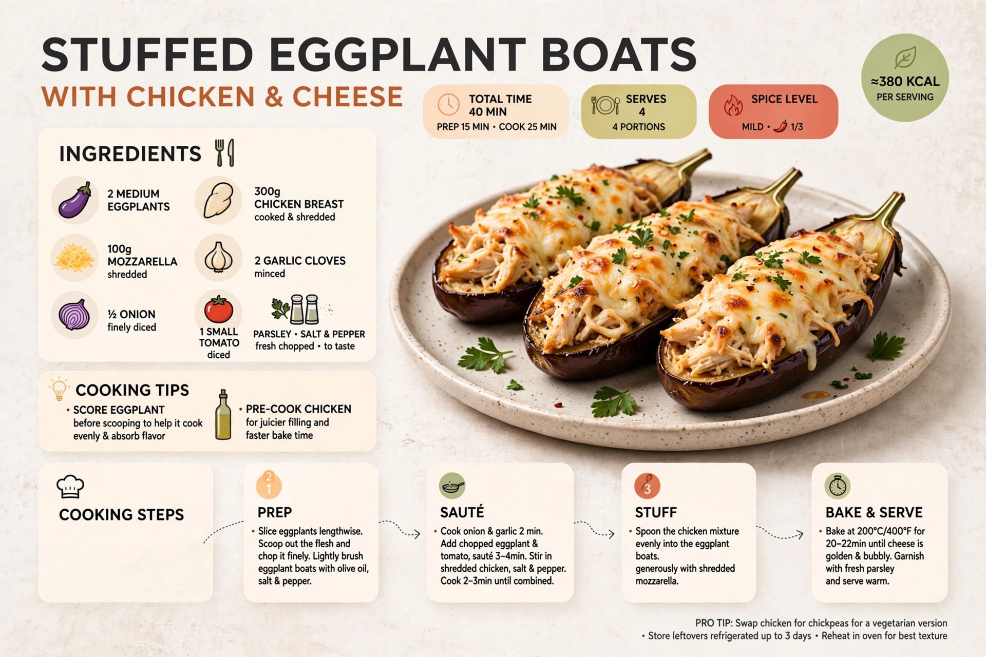 Recipe infographic: Stuffed Eggplant Boats with Chicken and Cheese — ingredients and step-by-step visual guide