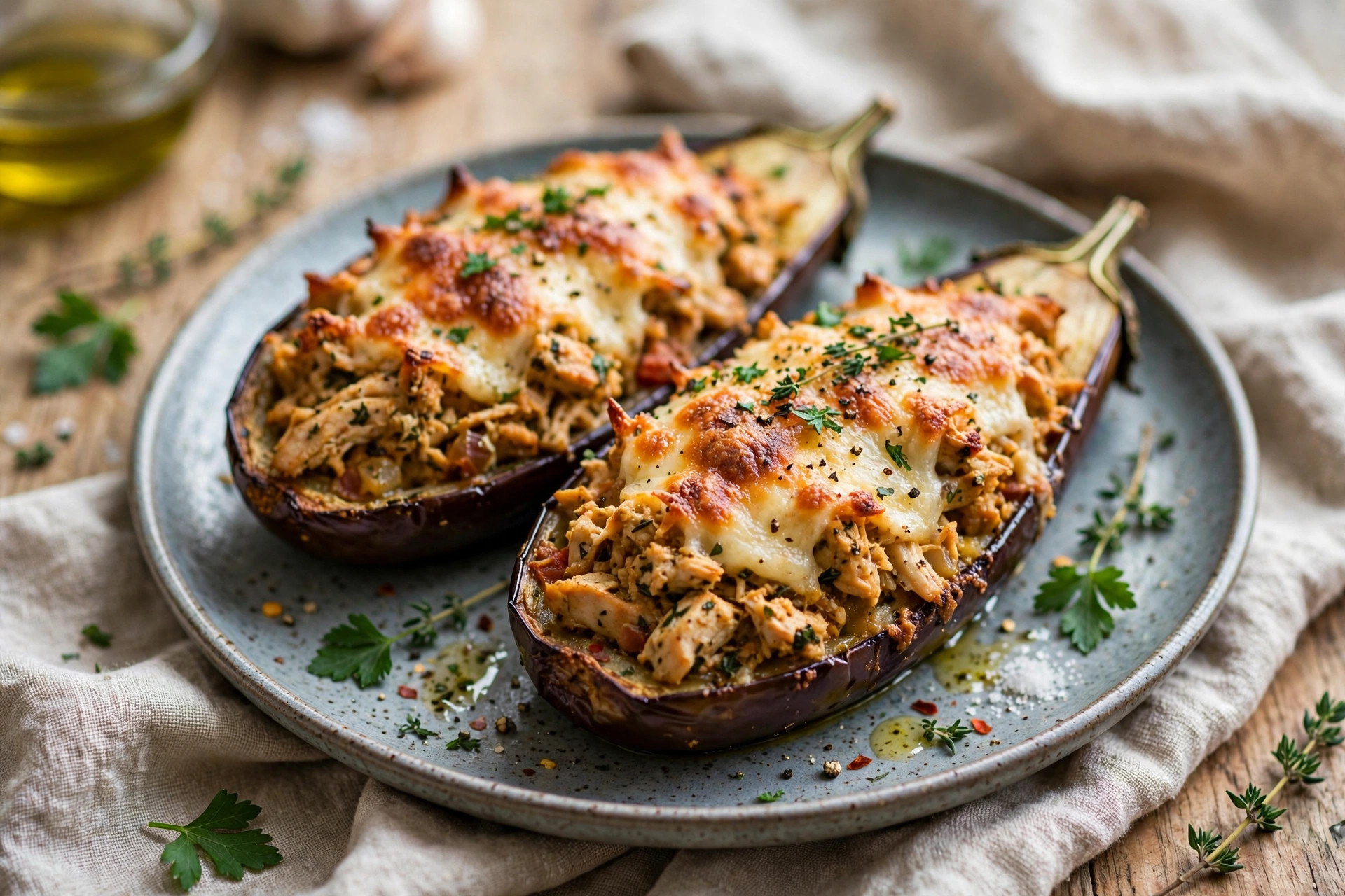Stuffed eggplant boats filled with chicken and melted cheese, baked until golden
