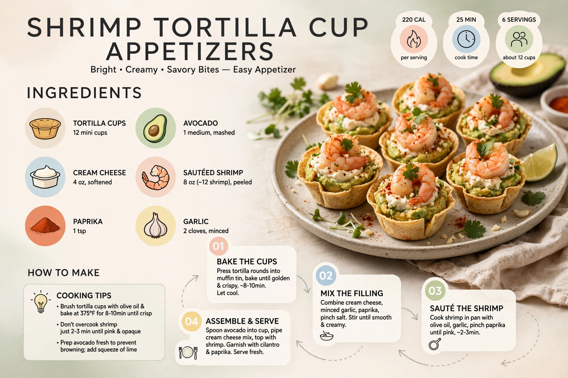 Recipe infographic: Shrimp Tortilla Cup Appetizers — ingredients and step-by-step visual guide