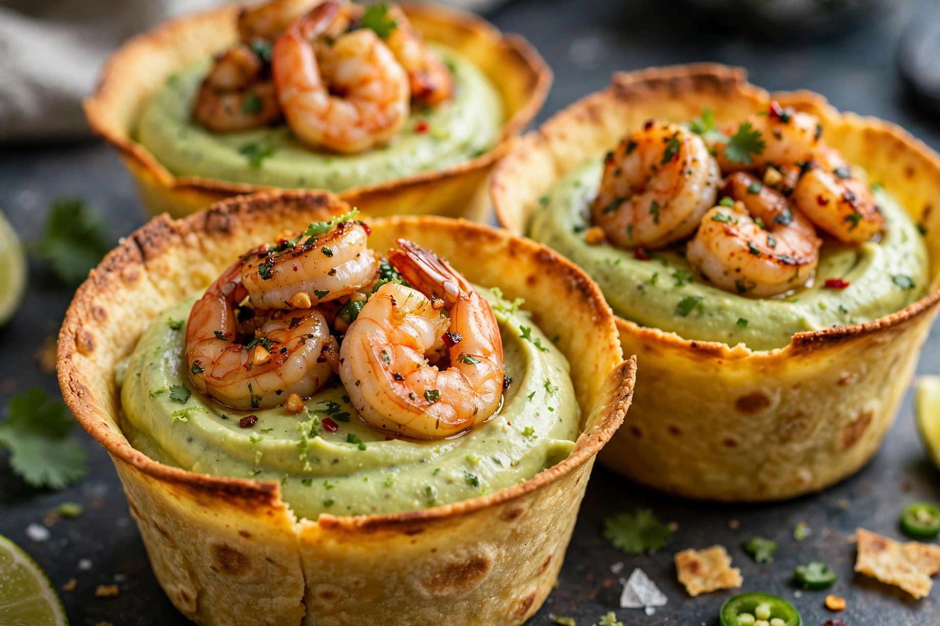 A platter of Shrimp Tortilla Cup Appetizers topped with sautéed shrimp