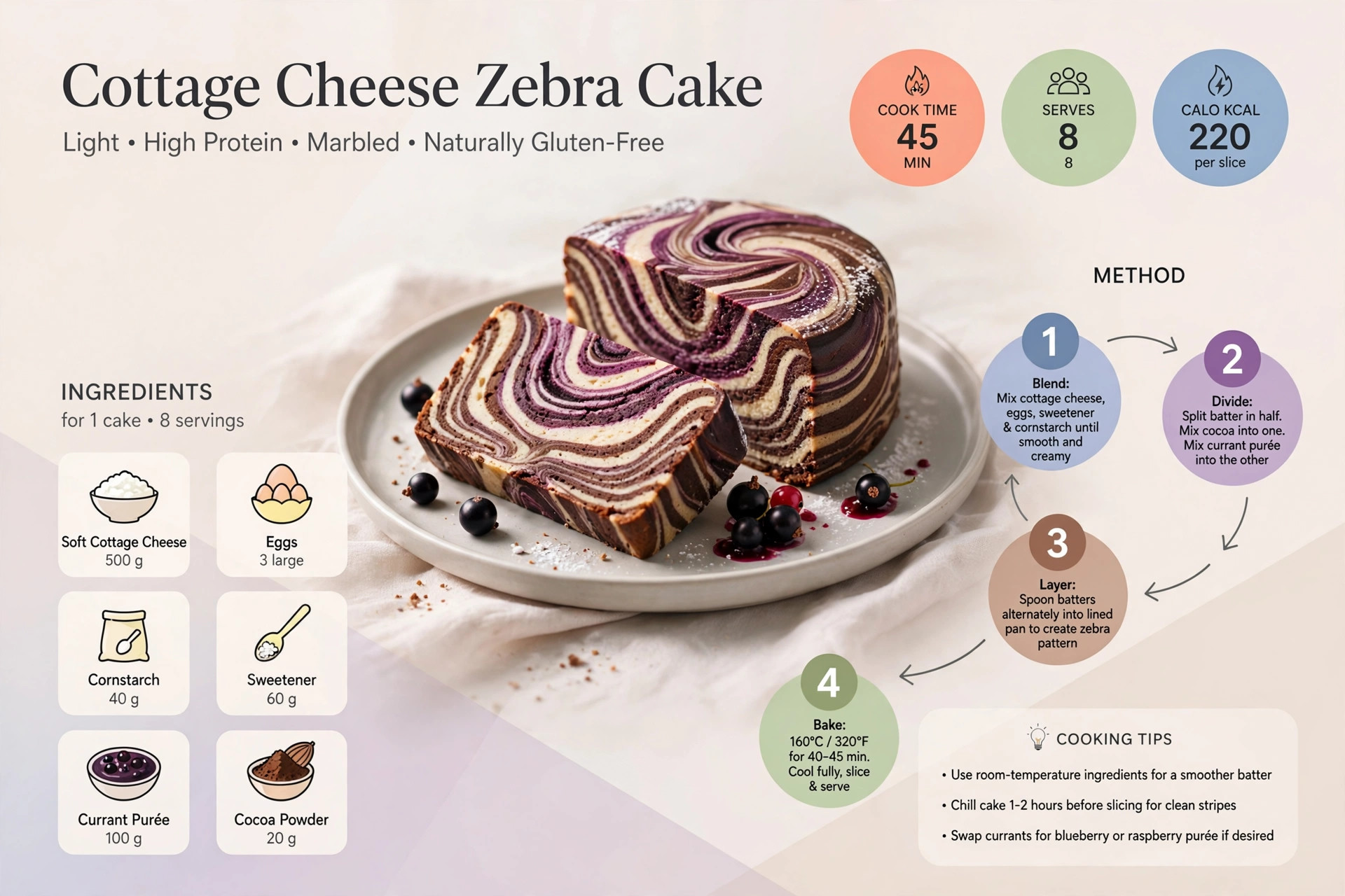 Recipe infographic: Cottage Cheese Zebra Cake — ingredients and step-by-step visual guide