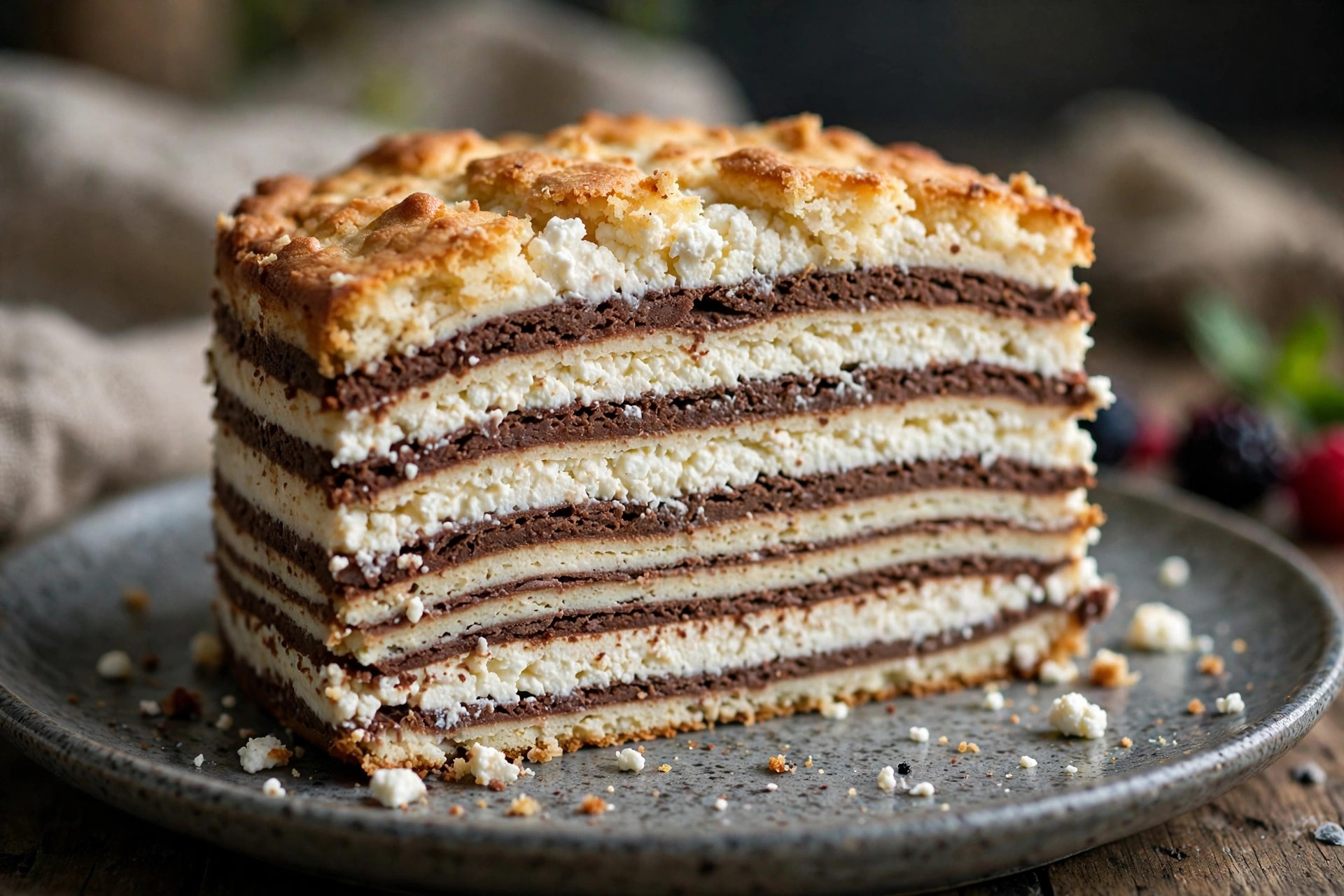 A slice of Cottage Cheese Zebra Cake showing the marbled stripes