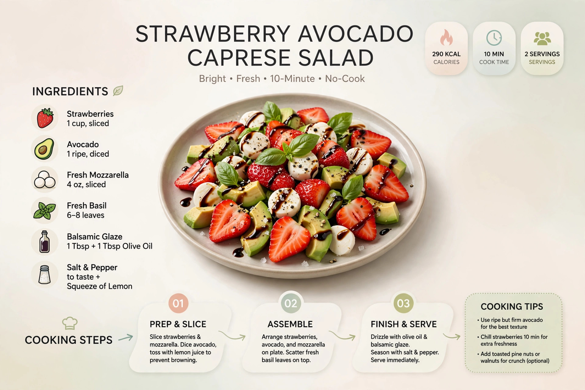 Recipe infographic: Strawberry Avocado Caprese Salad — ingredients and step-by-step visual guide