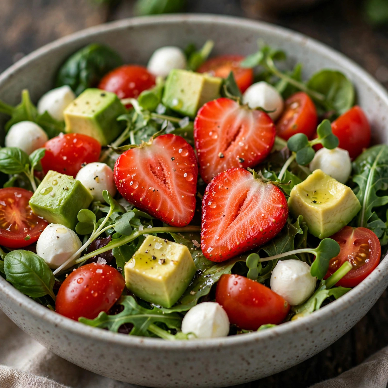 A bowl of Strawberry Avocado Caprese Salad with mozzarella and basil
