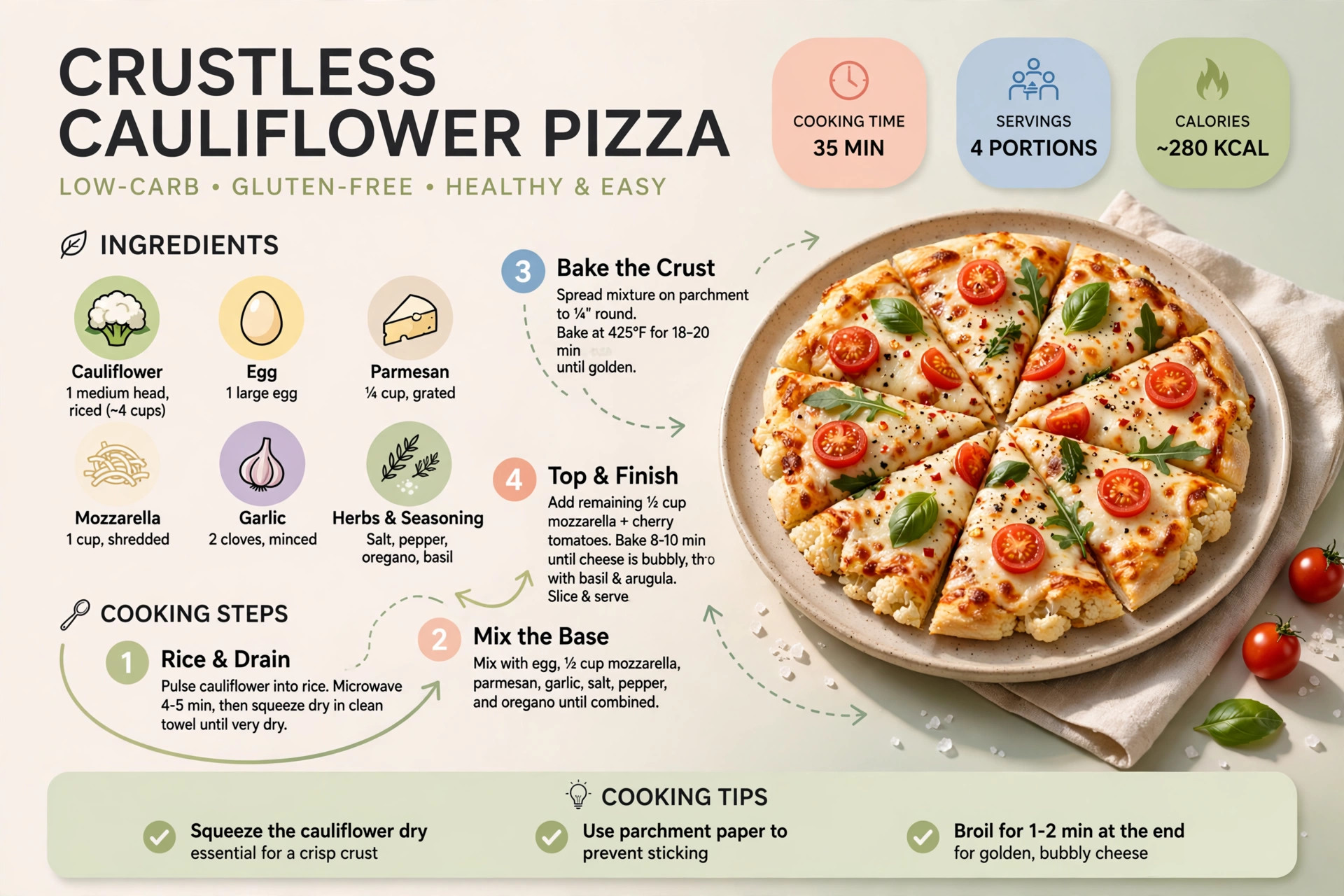 Recipe infographic: Crustless Cauliflower Pizza — ingredients and step-by-step visual guide