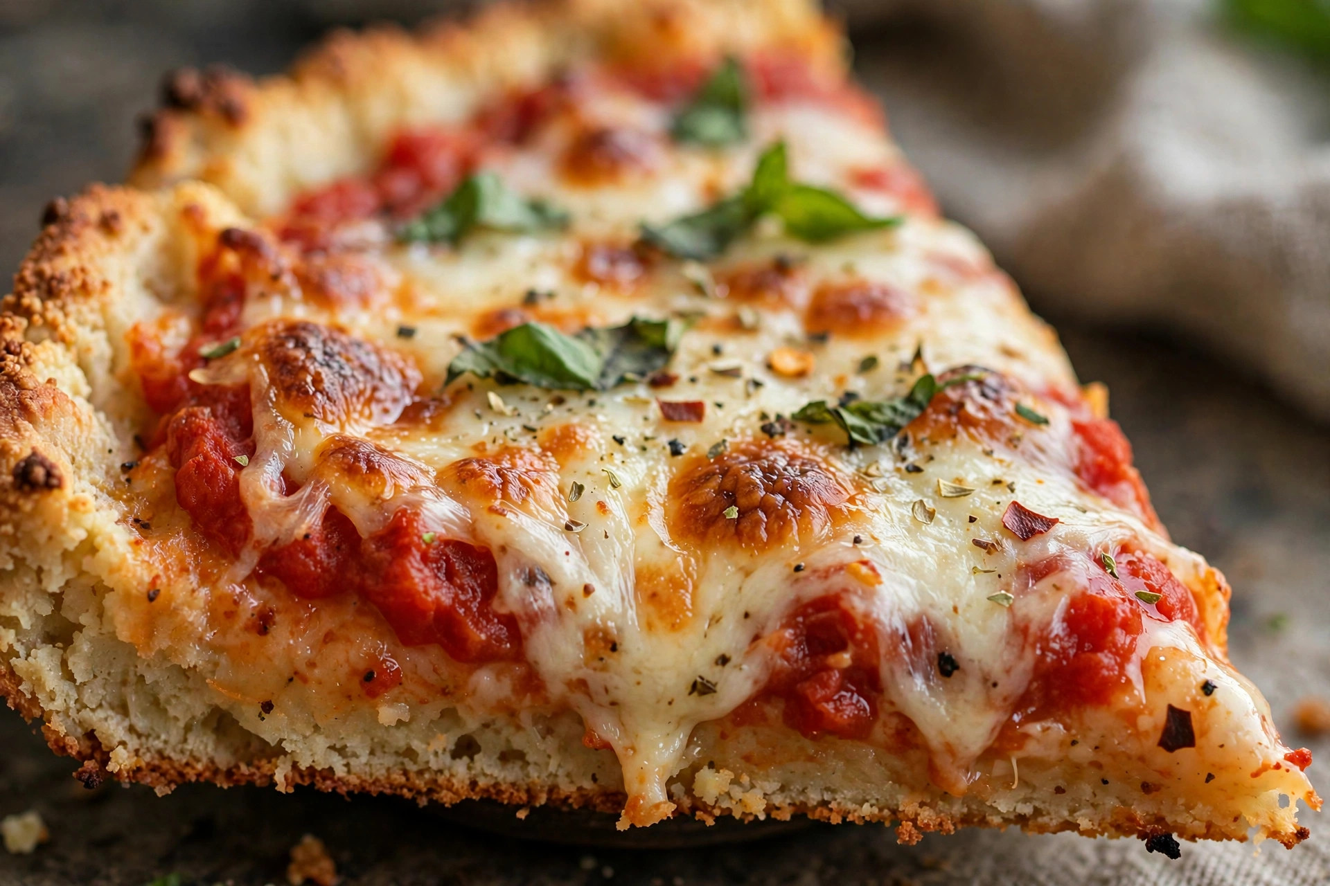 A slice of Crustless Cauliflower Pizza with melted cheese