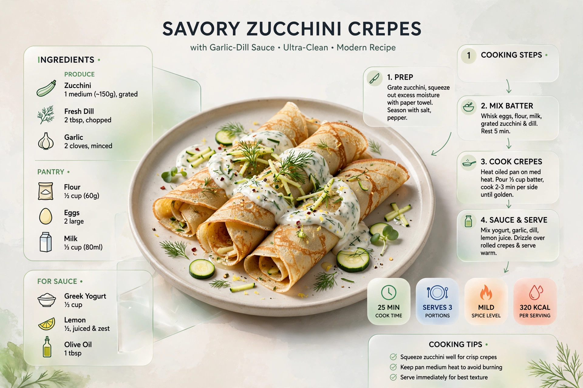 Recipe infographic: Savory Zucchini Crepes with Garlic-Dill Sauce — ingredients and step-by-step visual guide