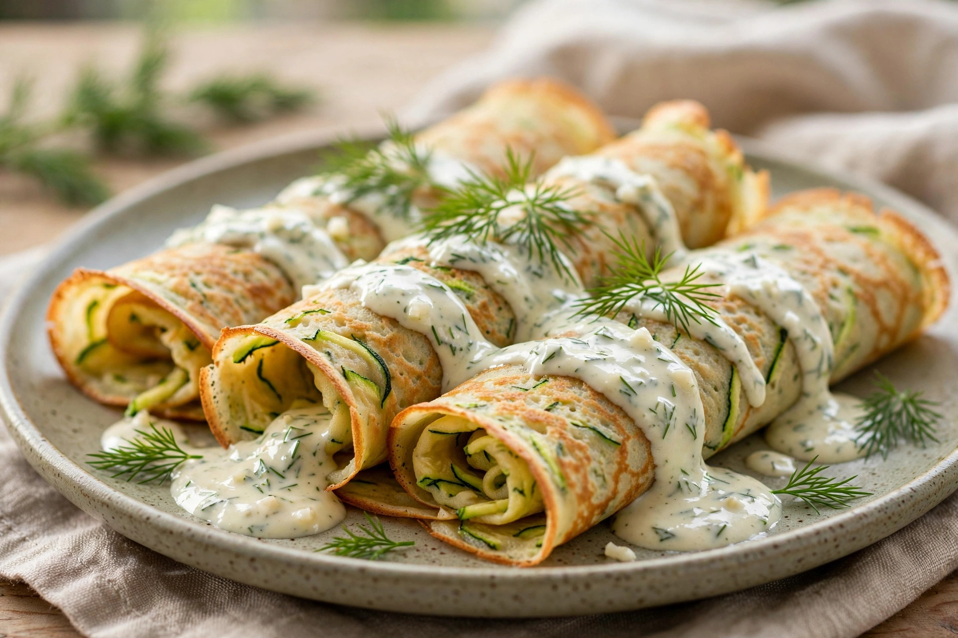 A stack of golden savory zucchini crepes served with creamy garlic-dill sauce