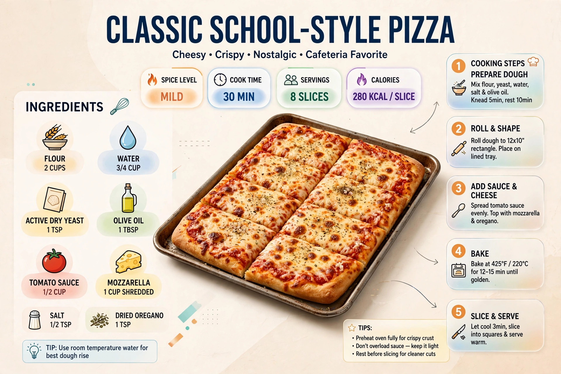 Recipe infographic: Classic School-Style Pizza — ingredients and step-by-step visual guide