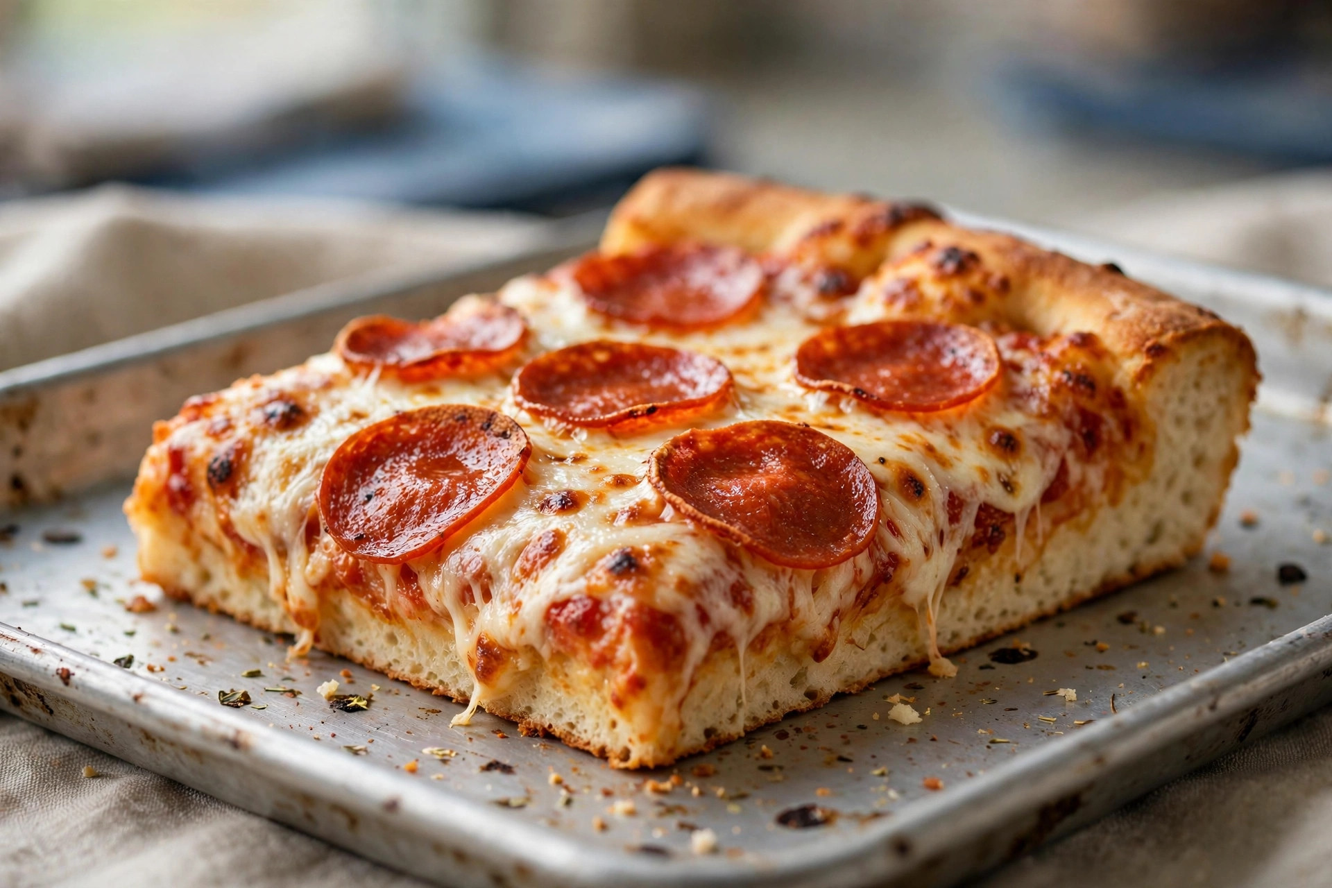 A freshly baked classic school-style pizza topped with sausage, pickles, olives, and melted cheese