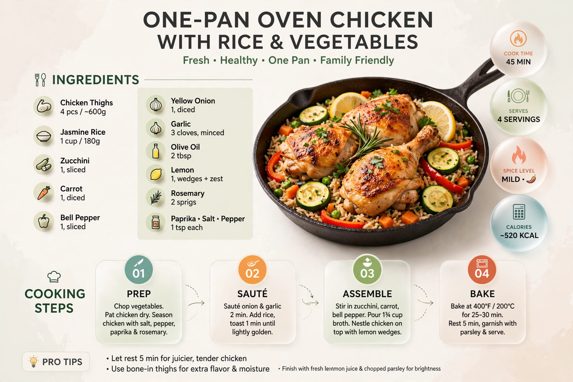 Recipe infographic: One-Pan Oven Chicken with Rice and Vegetables — ingredients and step-by-step visual guide