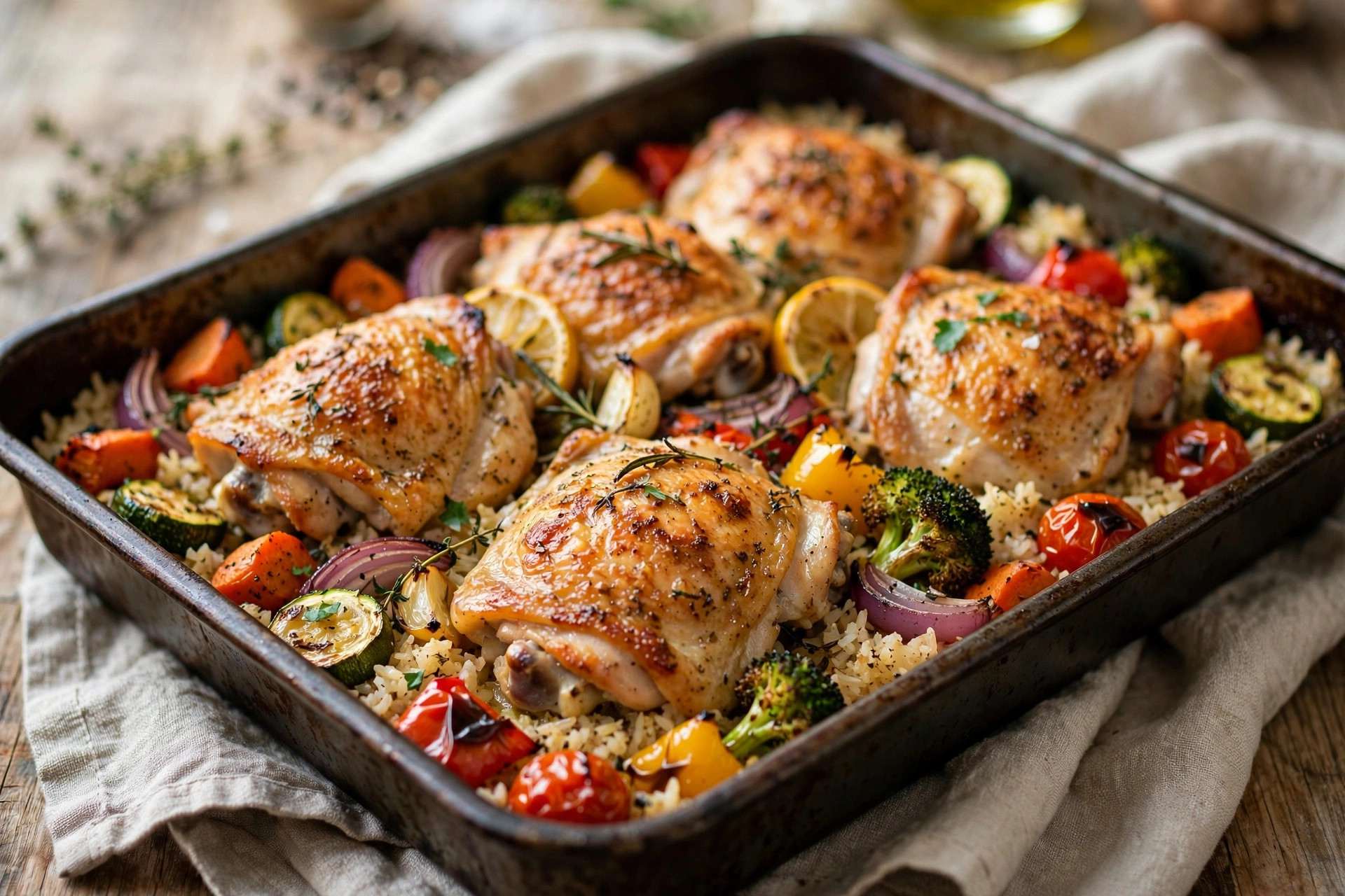 A one-pan dish of oven-baked chicken drumsticks over turmeric rice and colorful vegetables