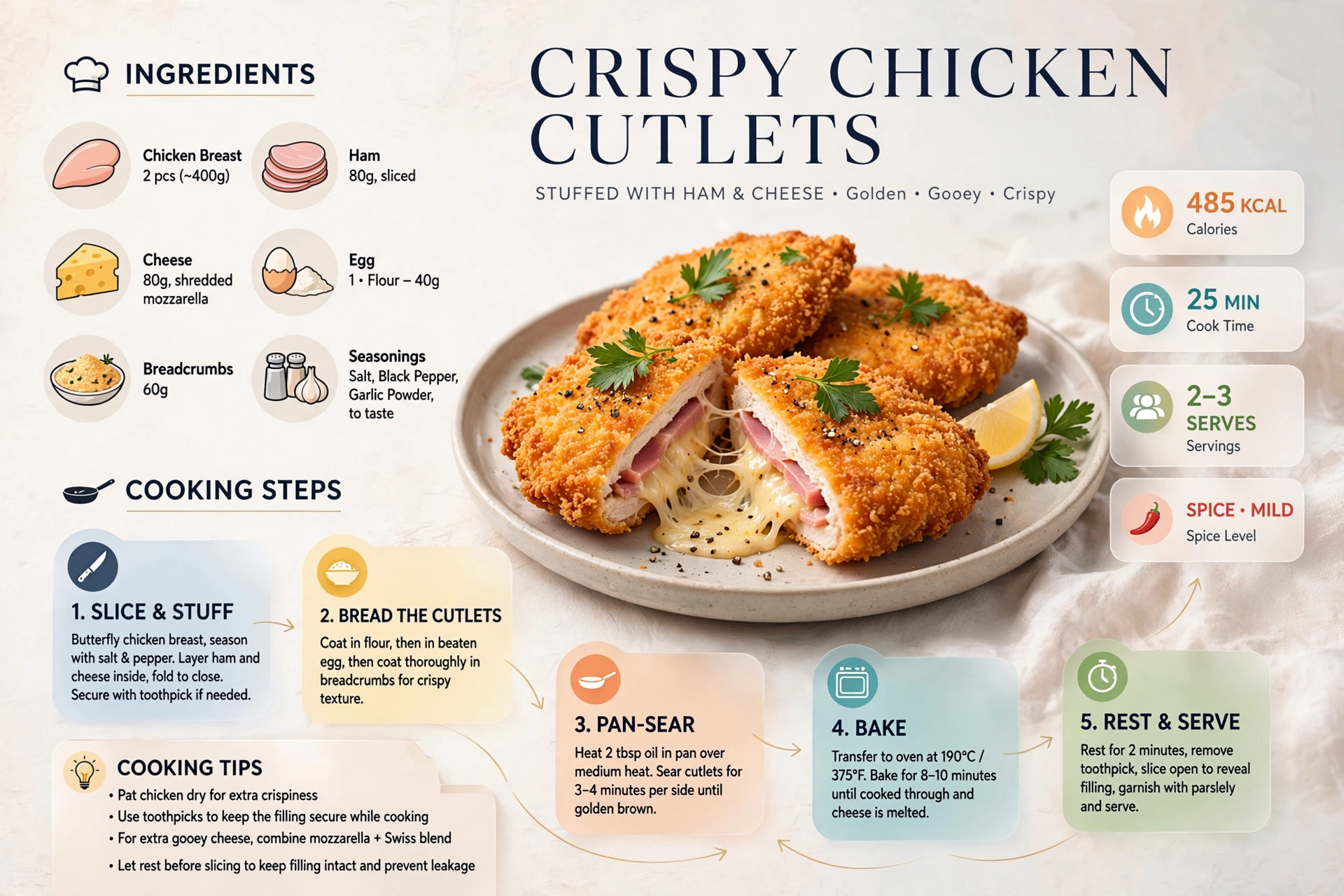 Recipe infographic: Crispy Chicken Cutlets Stuffed with Ham and Cheese — ingredients and step-by-step visual guide