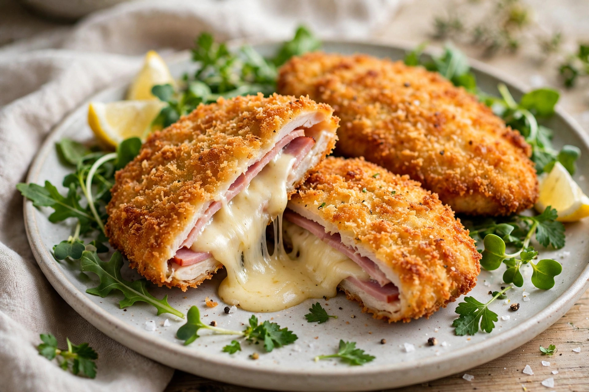 Golden crispy chicken cutlets stuffed with ham and melted cheese, cut open to show the filling