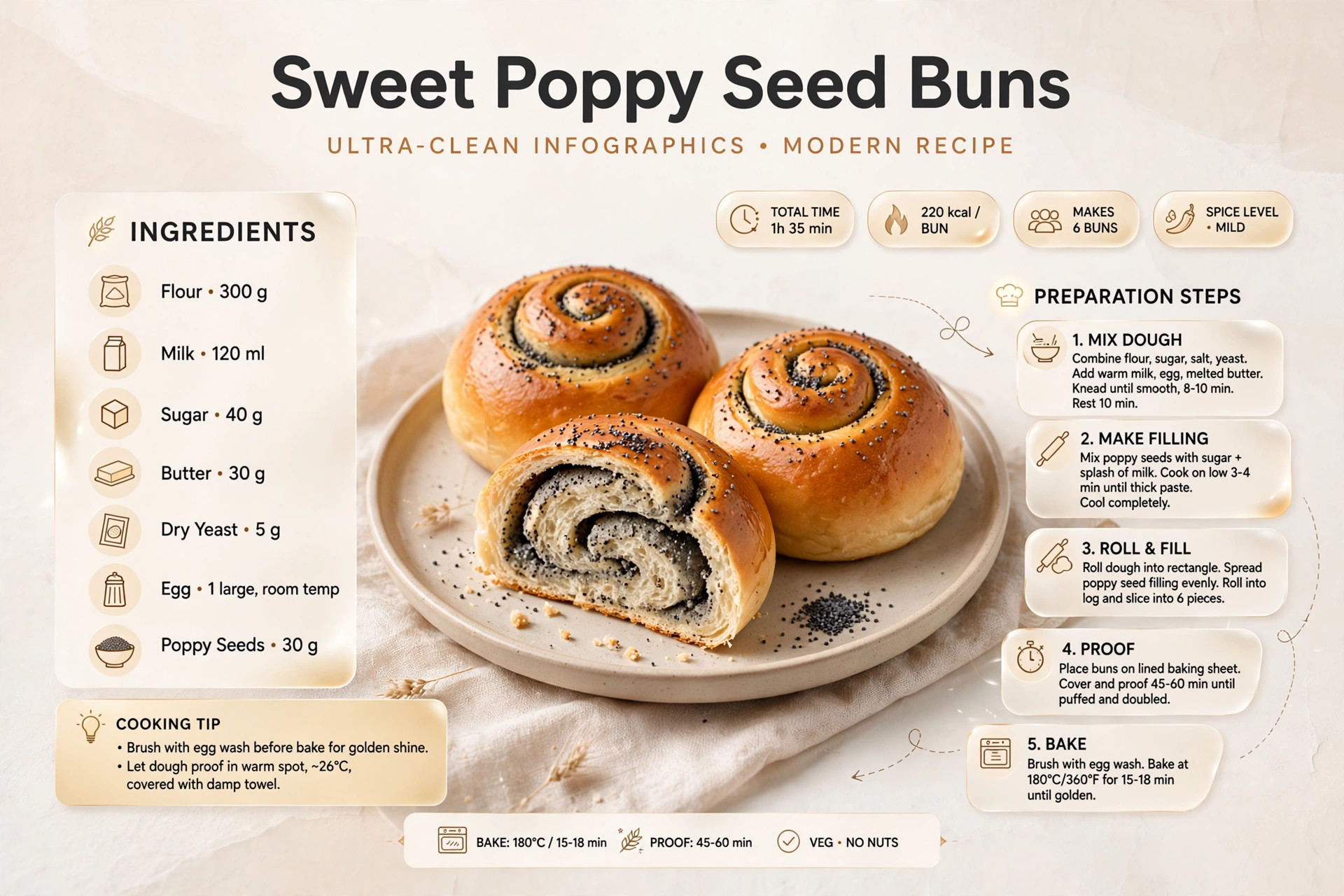Recipe infographic: Sweet Poppy Seed Buns — ingredients and step-by-step visual guide