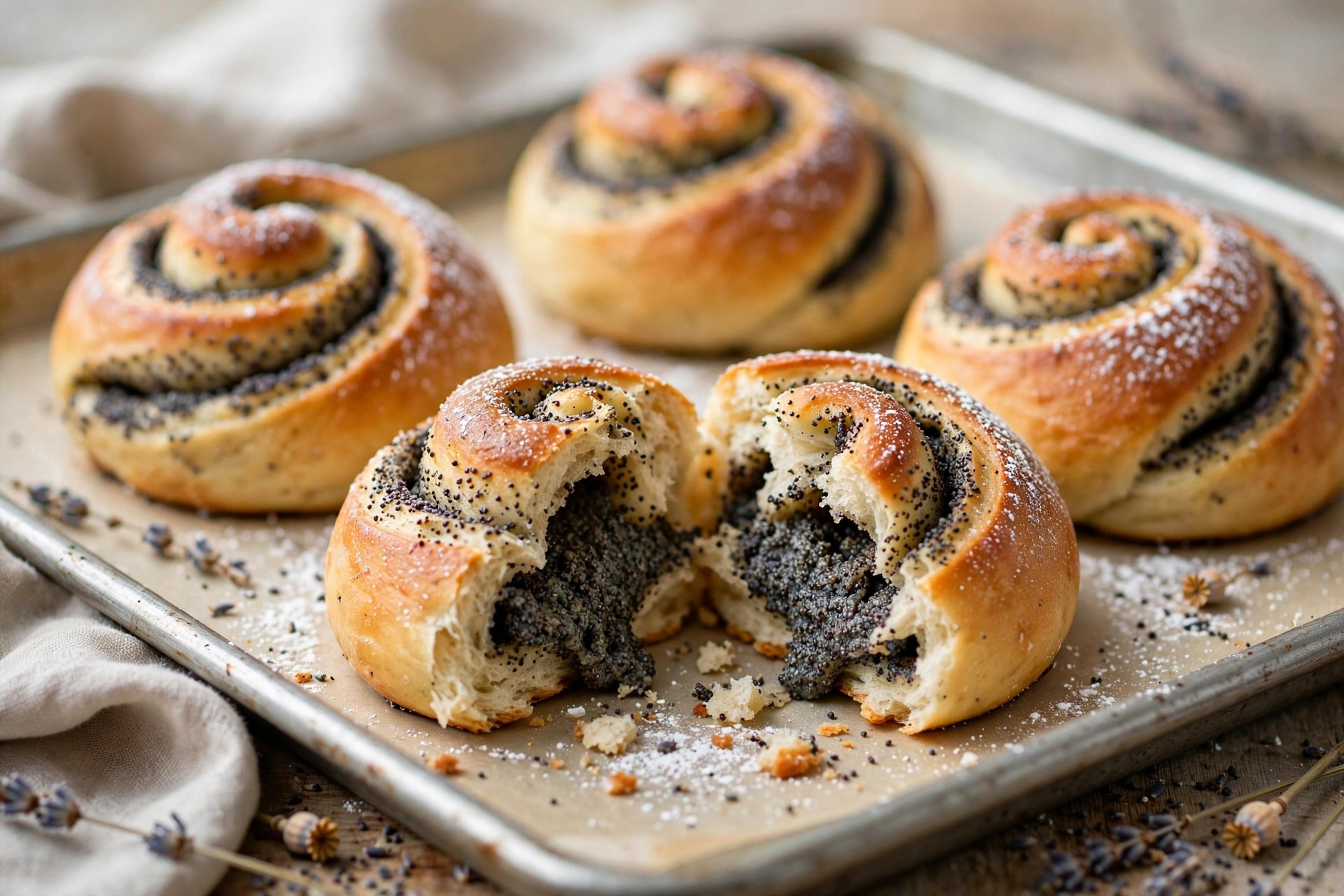 Golden sweet poppy seed buns fresh from the oven