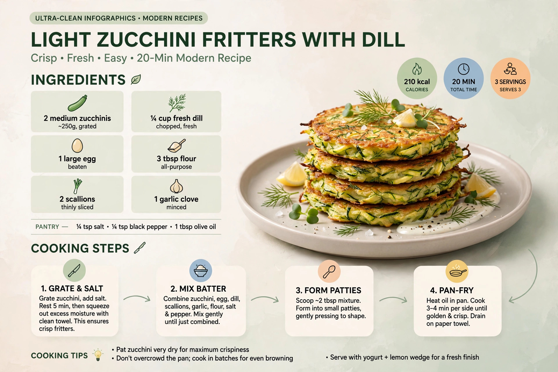 Recipe infographic: Light Zucchini Fritters with Dill — ingredients and step-by-step visual guide