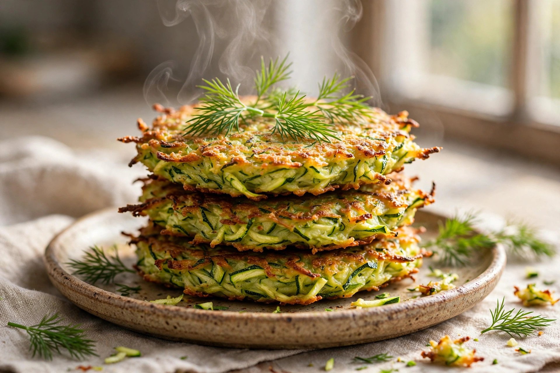 Golden zucchini fritters with fresh dill, stacked on a plate with yogurt dip