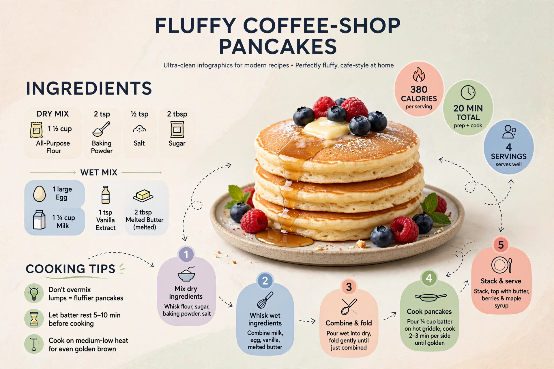 Recipe infographic: Fluffy Coffee-Shop Pancakes — ingredients and step-by-step visual guide