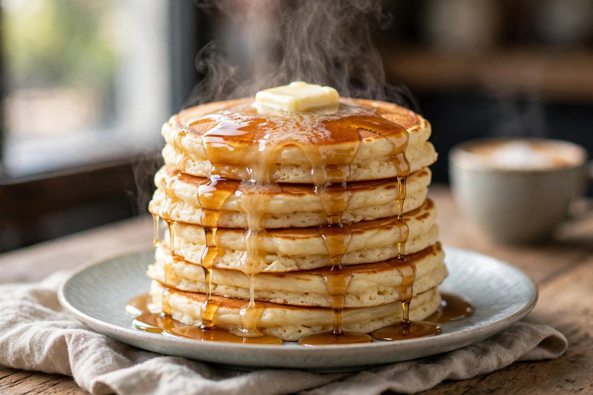 Tall stack of fluffy golden pancakes with butter and maple syrup