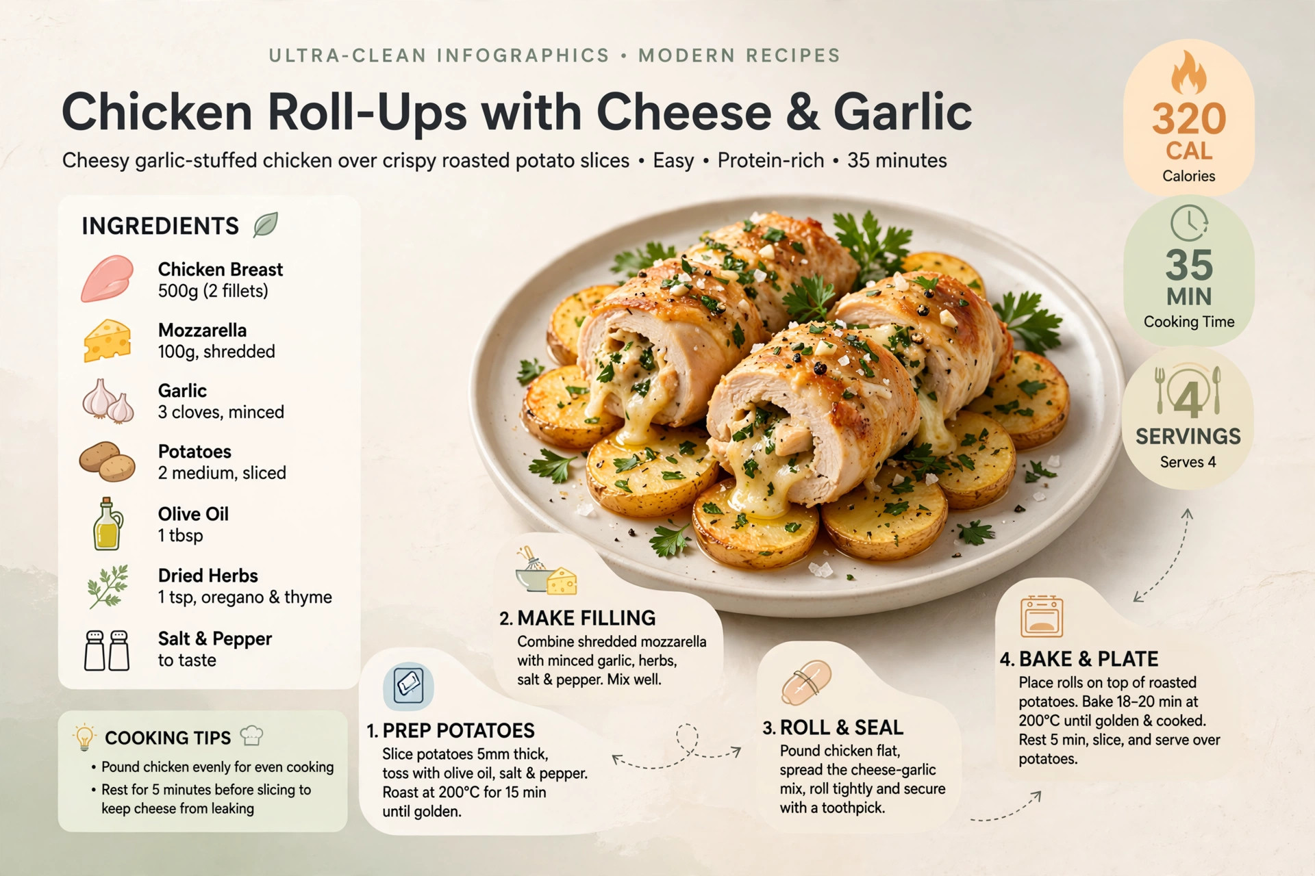 Recipe infographic: Chicken Roll-Ups with Cheese and Garlic Over Potato Slices — ingredients and step-by-step visual guide