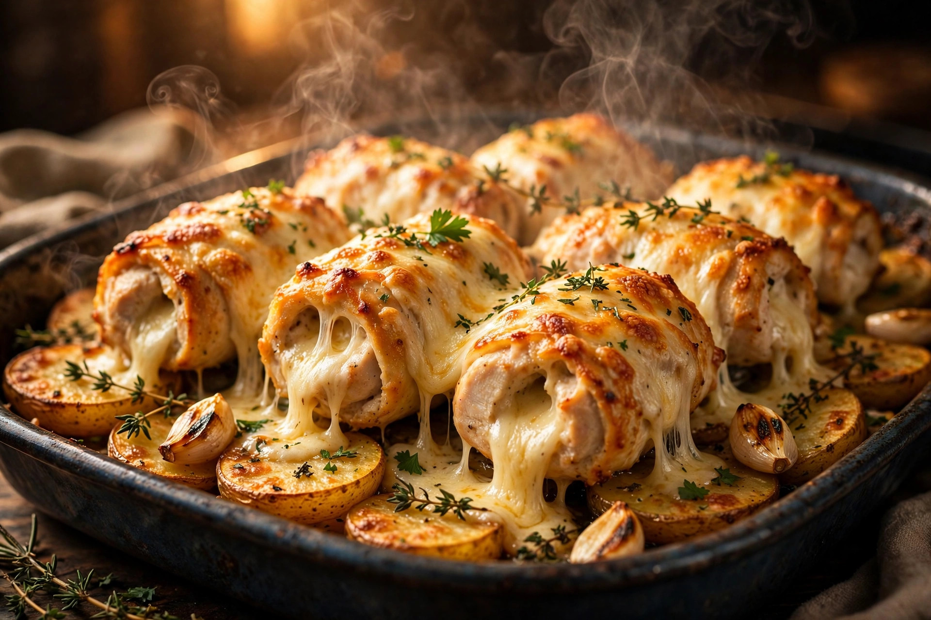 Golden baked chicken roll-ups with melted cheese over roasted potato slices in a baking dish