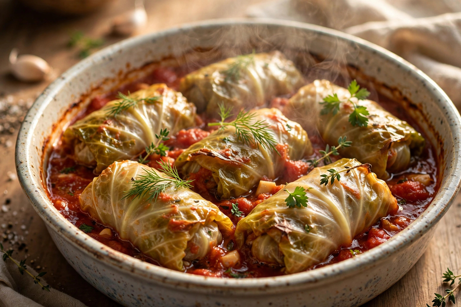 Baked lazy stuffed cabbage rolls in creamy tomato sauce, garnished with sour cream