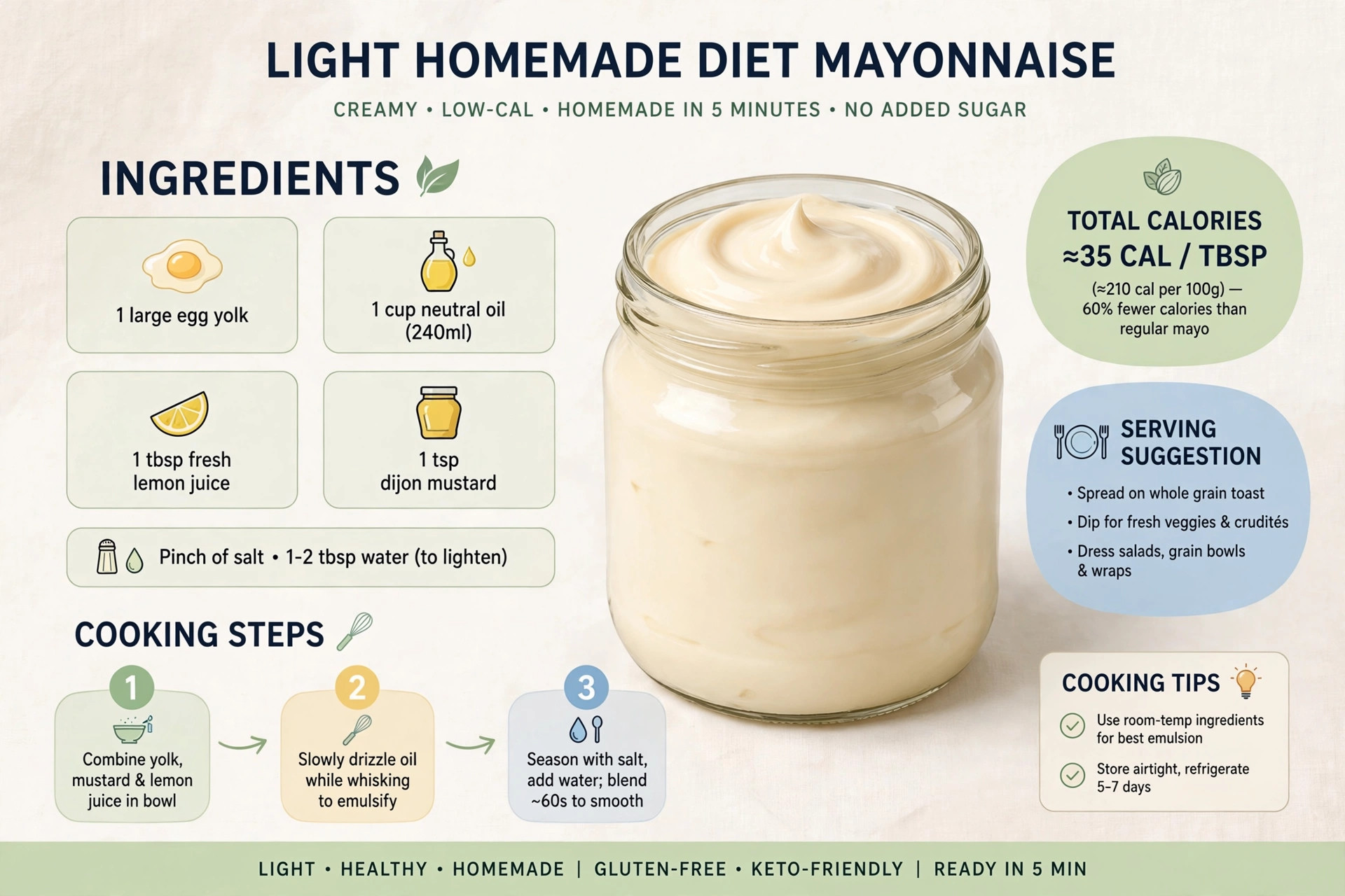 Recipe infographic: Light Homemade Diet Mayonnaise — ingredients and step-by-step visual guide