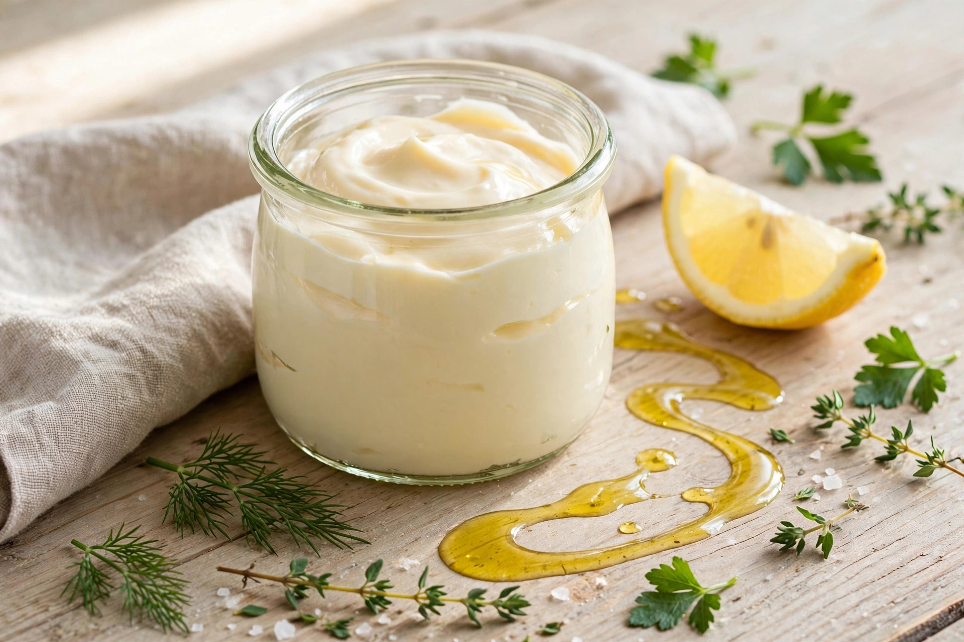 Creamy light homemade mayonnaise in a glass jar with a spoon