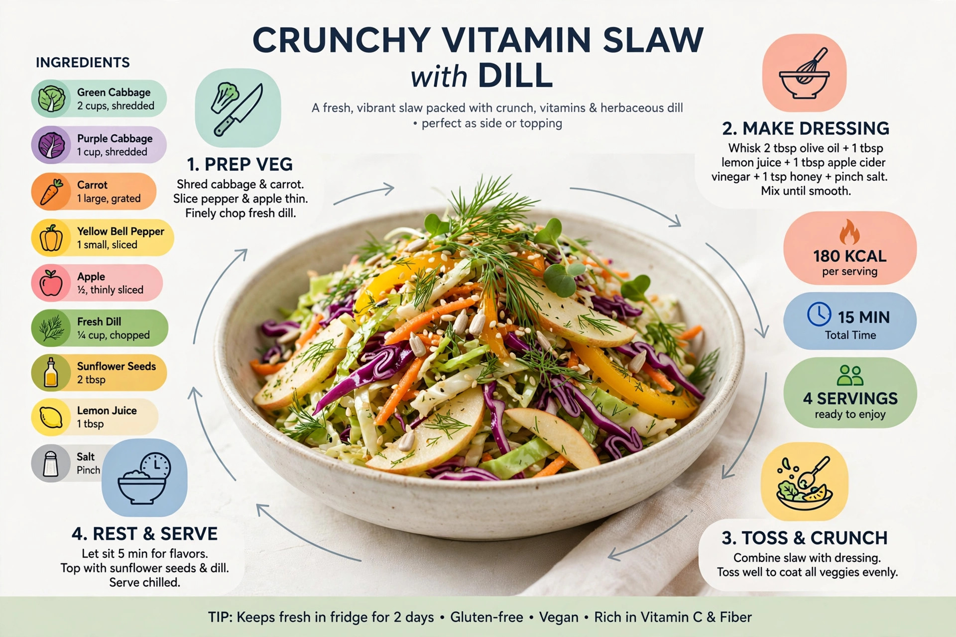 Recipe infographic: Crunchy Vitamin Slaw with Dill — ingredients and step-by-step visual guide