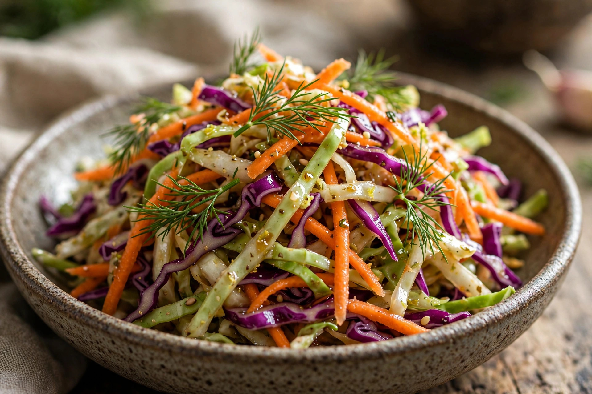 Close-up bowl of crunchy vitamin slaw with shredded cabbage, julienned carrot, sliced bell pepper and fresh dill