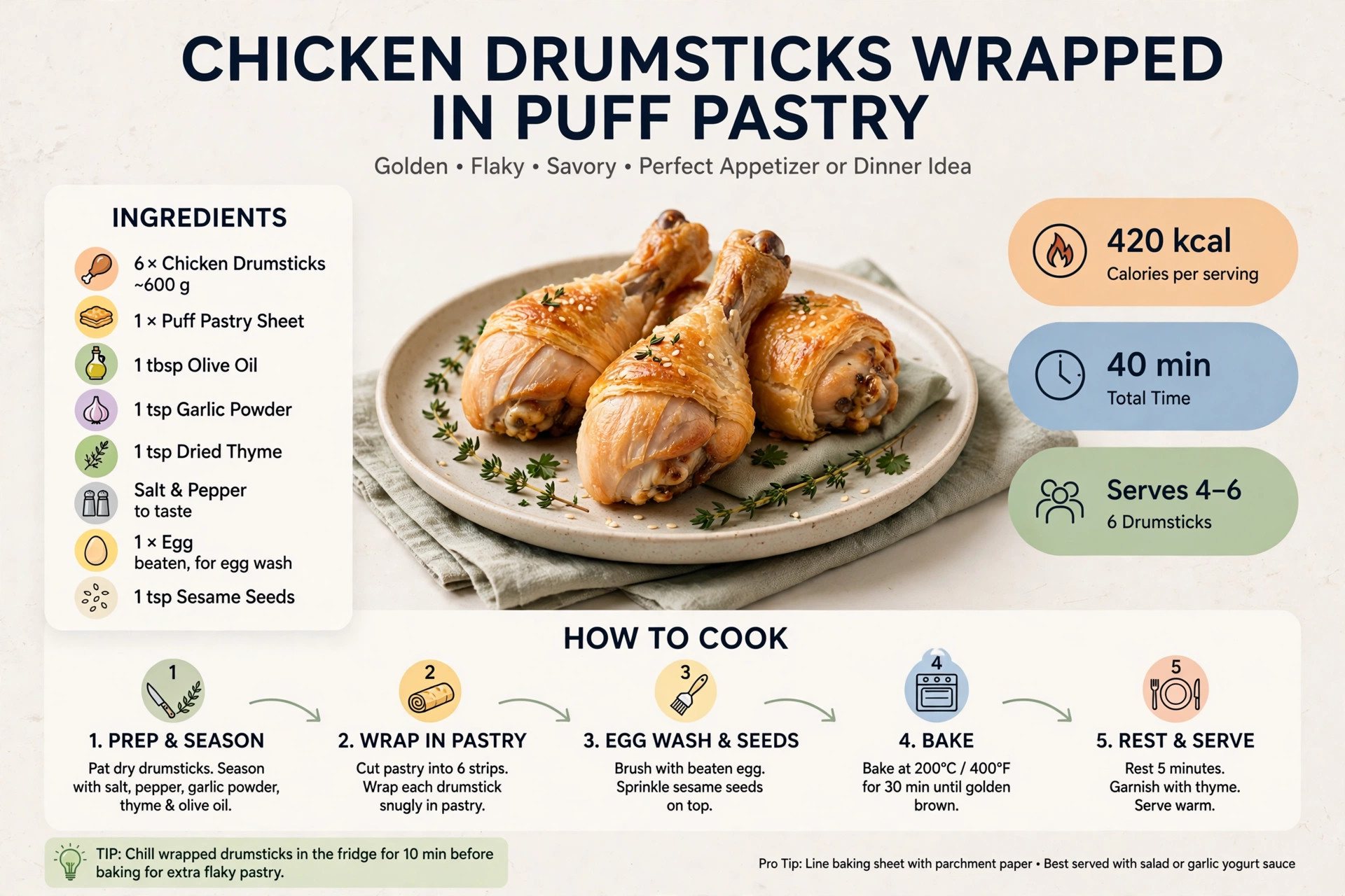 Recipe infographic: Chicken Drumsticks Wrapped in Puff Pastry — ingredients and step-by-step visual guide