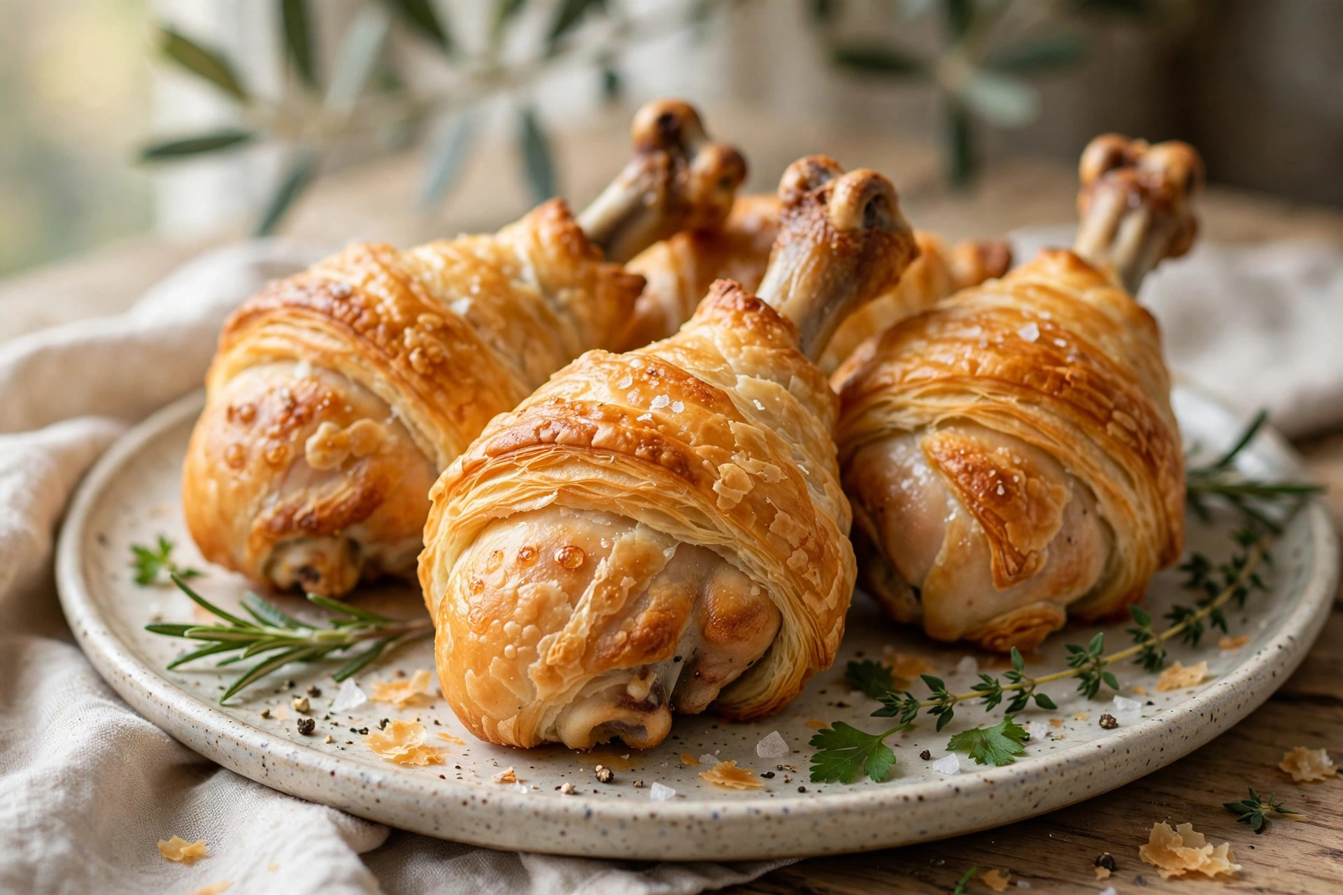 Golden chicken drumsticks wrapped in flaky puff pastry strips arranged on a baking sheet