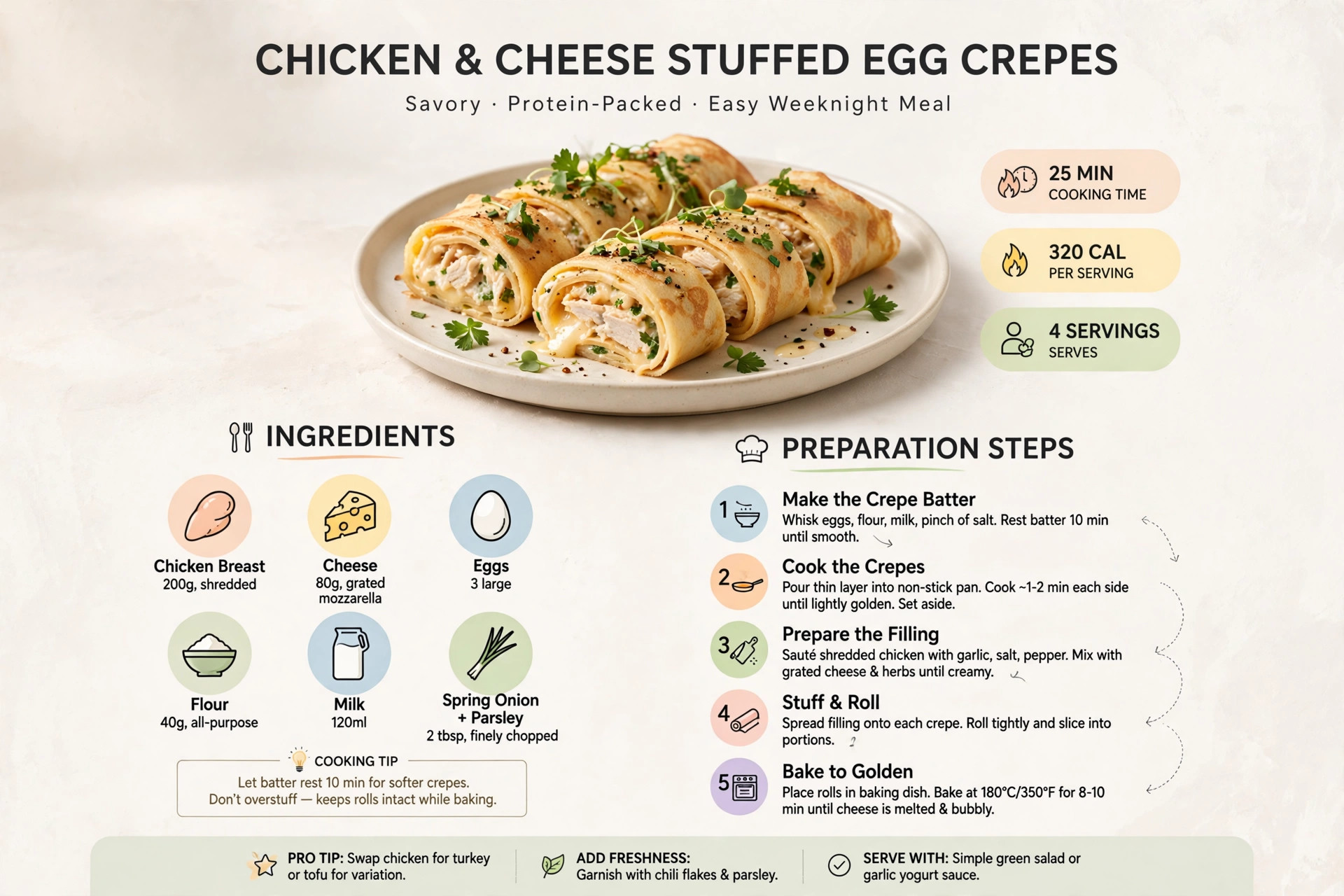 Recipe infographic: Chicken and Cheese Stuffed Egg Crepes — ingredients and step-by-step visual guide