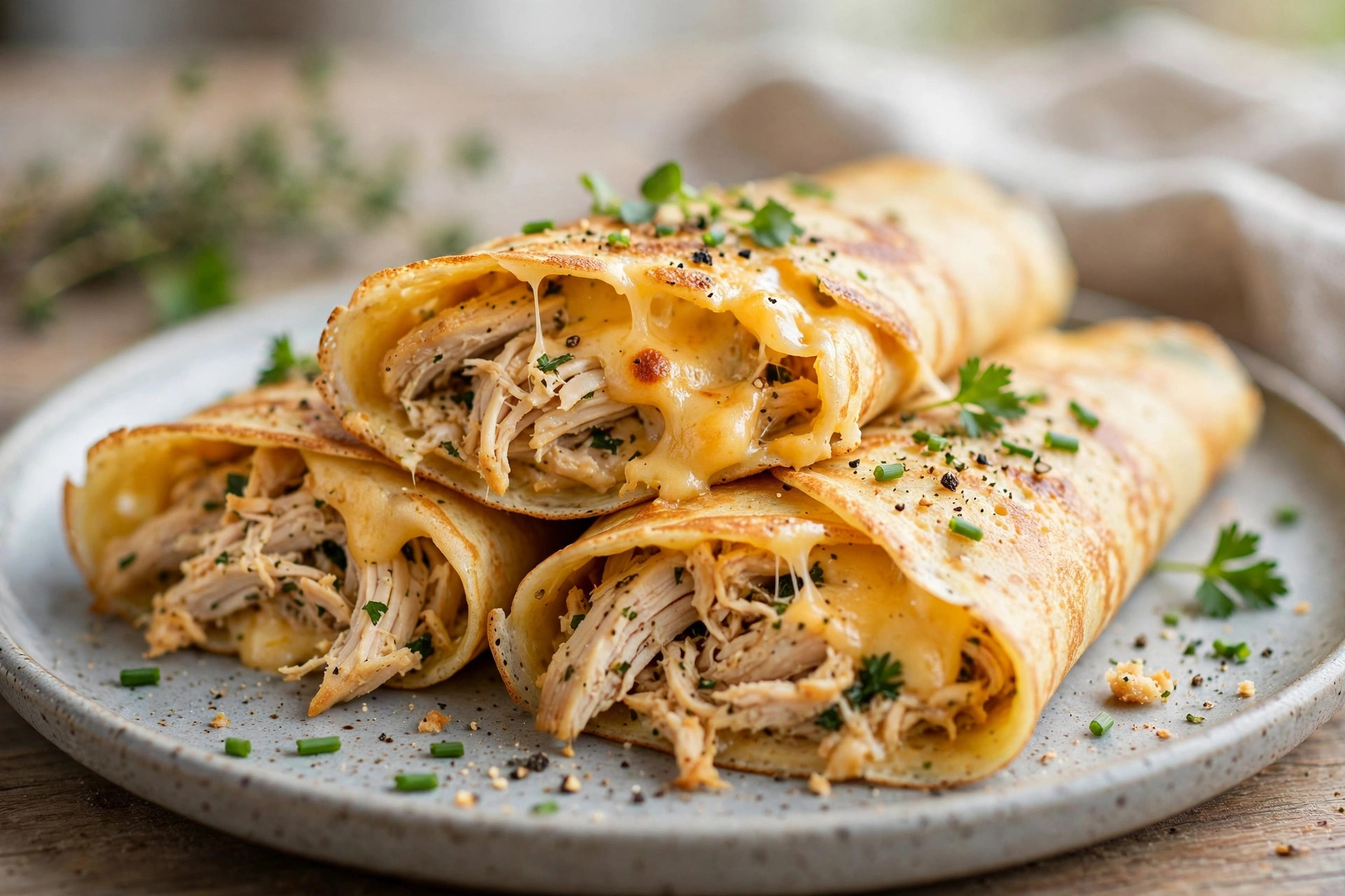 Egg crepes rolled up with a shredded chicken and melted cheese filling