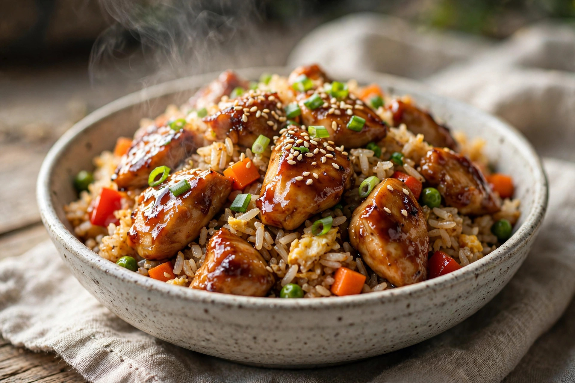 Wok of savory teriyaki chicken fried rice with diced vegetables and fresh herbs