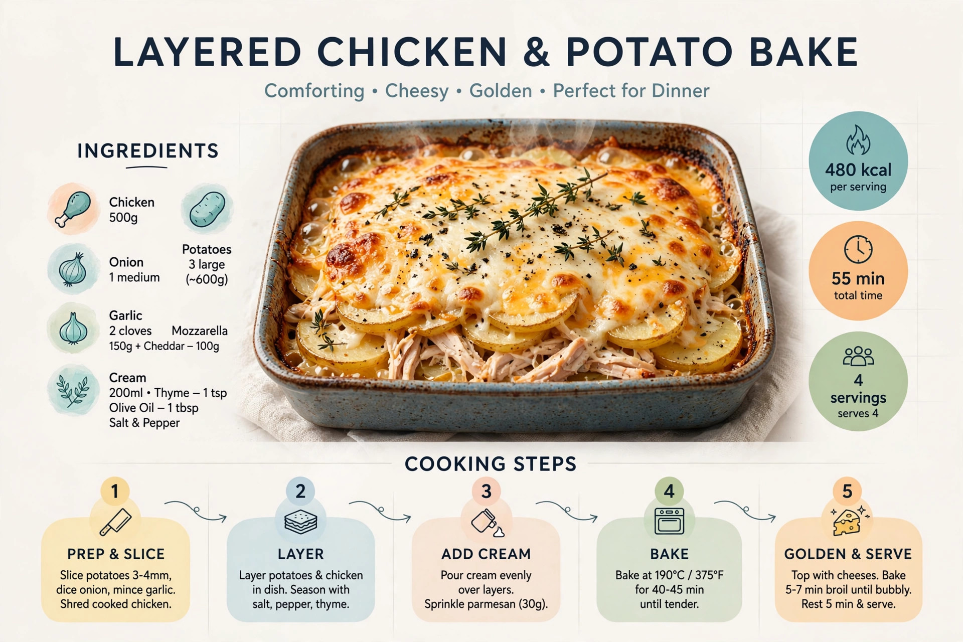 Recipe infographic: Layered Chicken and Potato Bake — ingredients and step-by-step visual guide