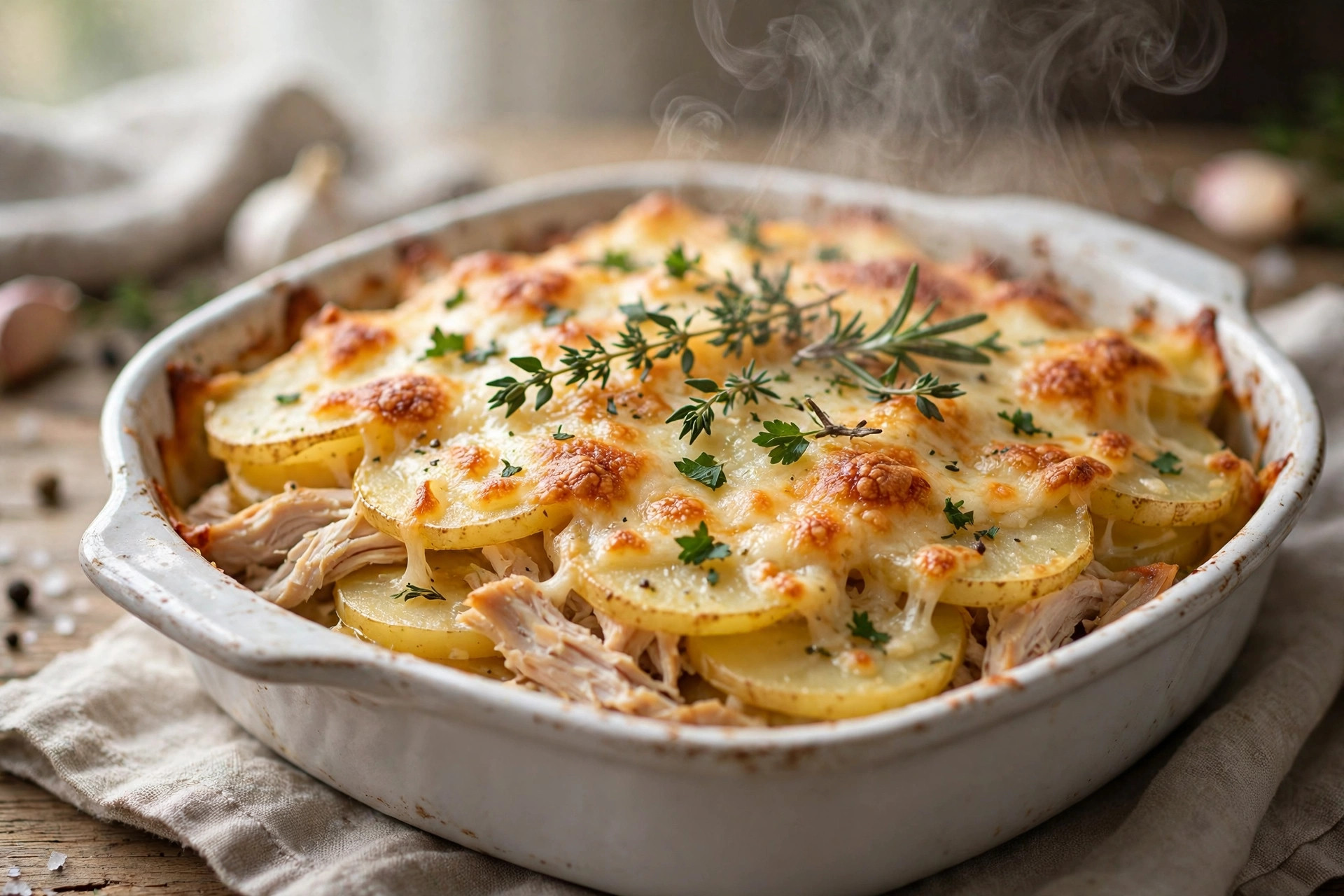 Sliced layered chicken and potato bake with melted golden cheese in a baking dish
