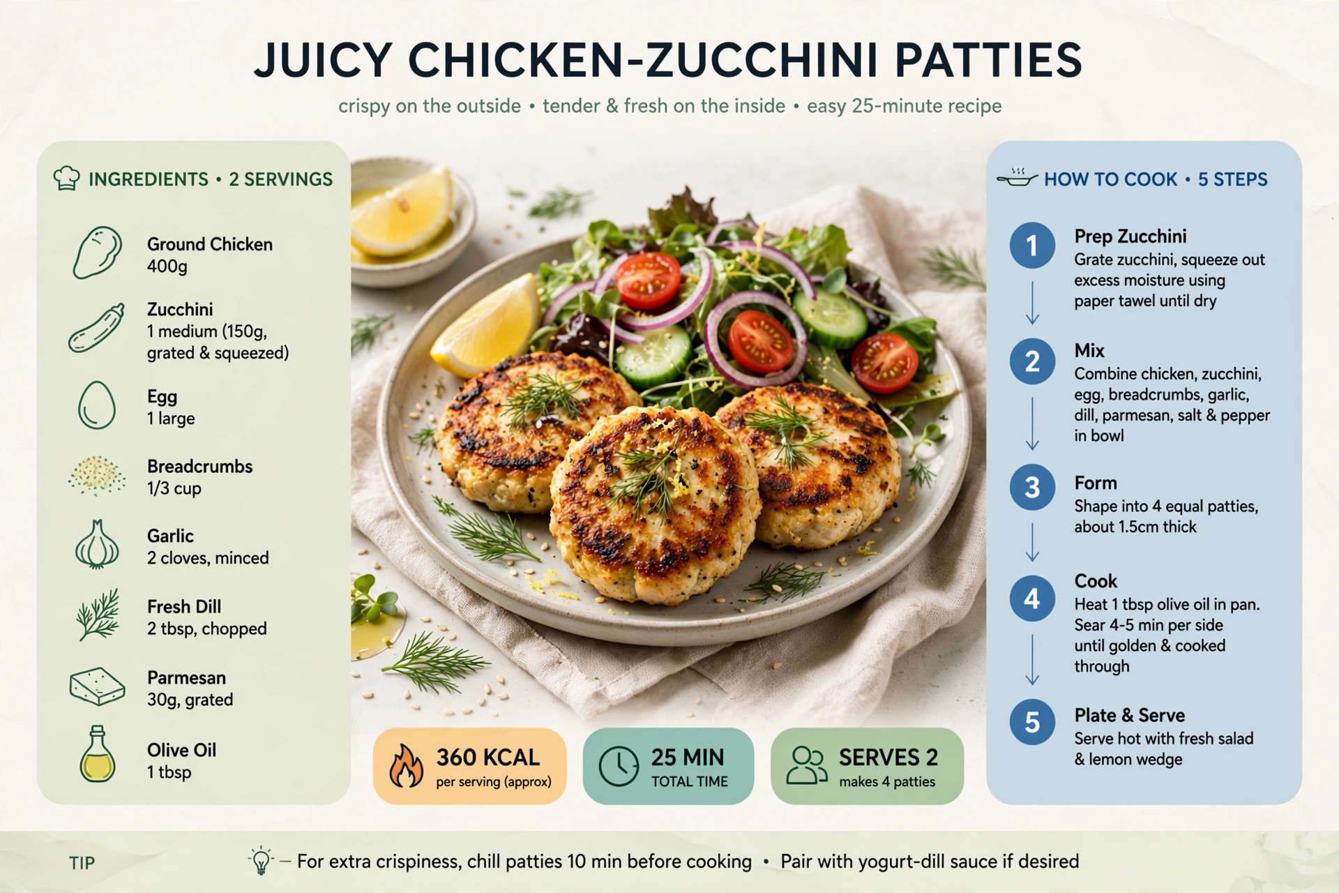 Recipe infographic: Juicy Chicken-Zucchini Patties — ingredients and step-by-step visual guide