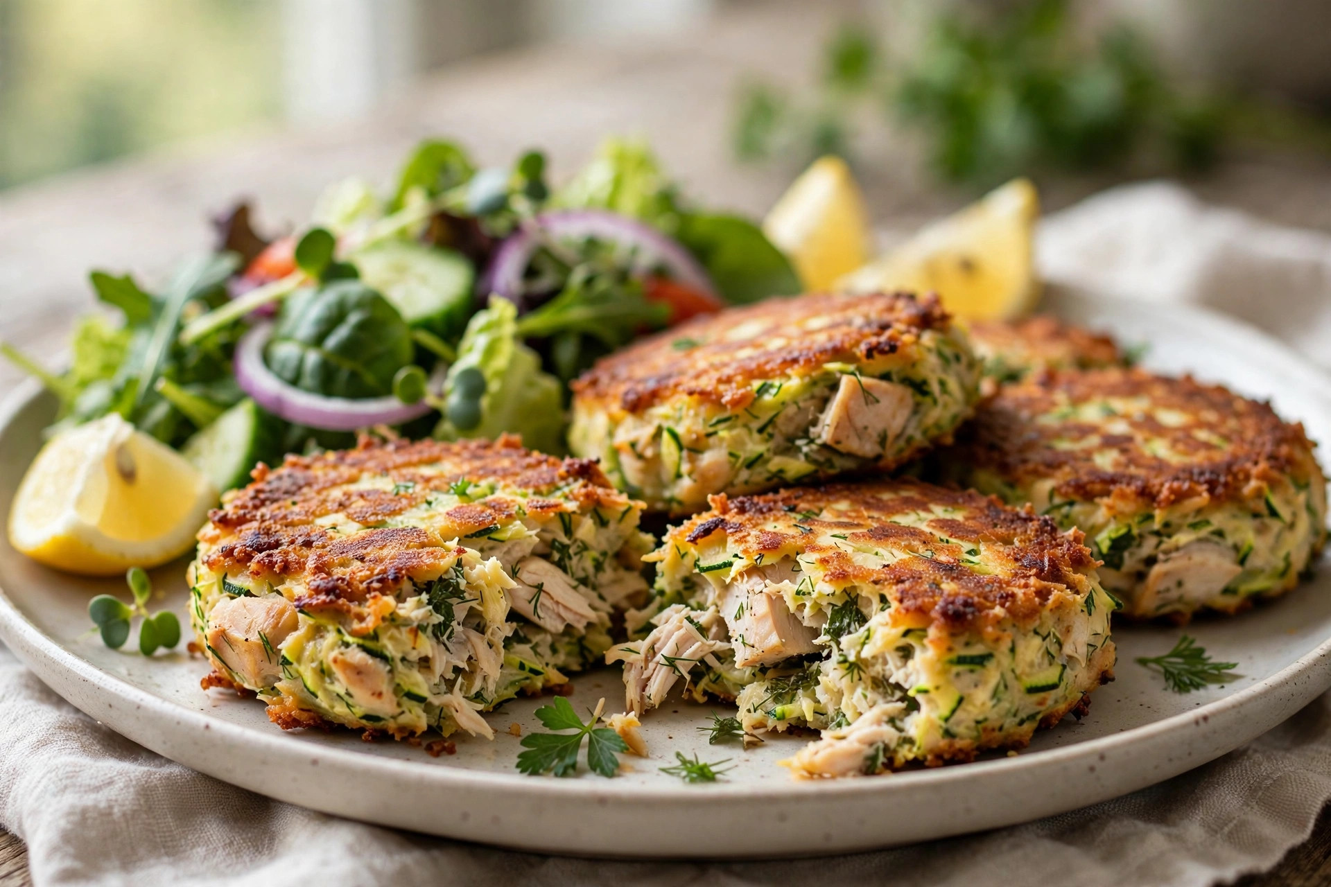 Golden-brown juicy chicken and zucchini patties seared in a skillet