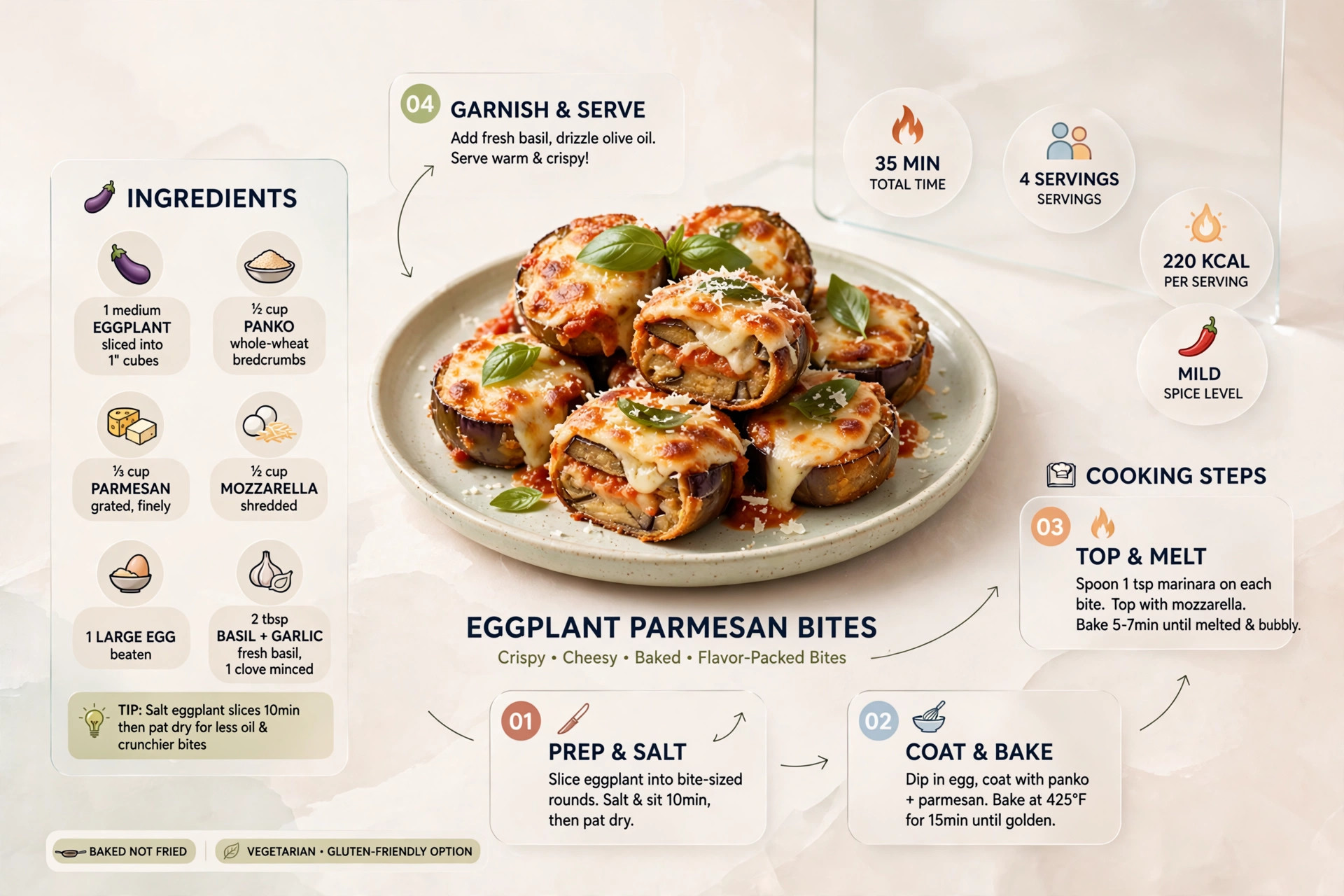 Recipe infographic: Eggplant Parmesan Bites — ingredients and step-by-step visual guide