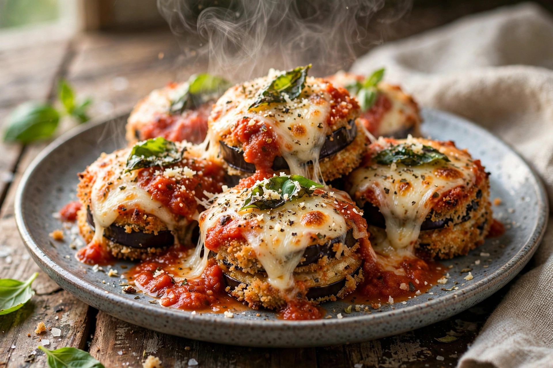 A plate of Eggplant Parmesan Bites topped with melted mozzarella