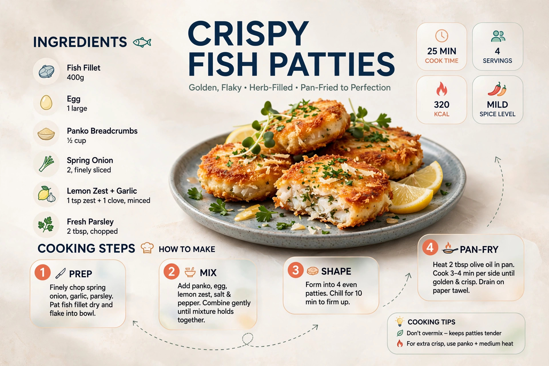 Recipe infographic: Crispy Fish Patties — ingredients and step-by-step visual guide