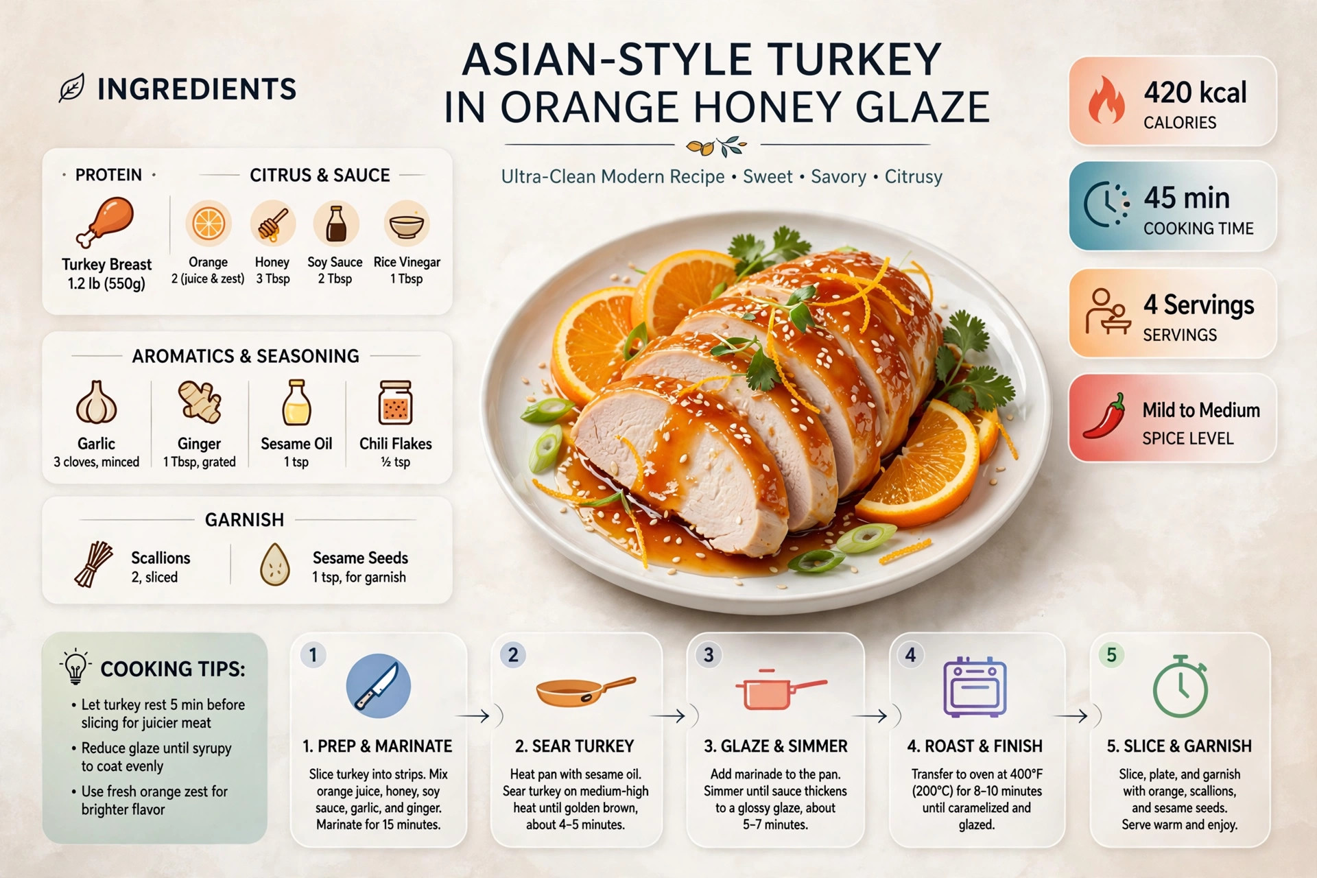 Recipe infographic: Asian-Style Turkey in Orange Honey Glaze — ingredients and step-by-step visual guide