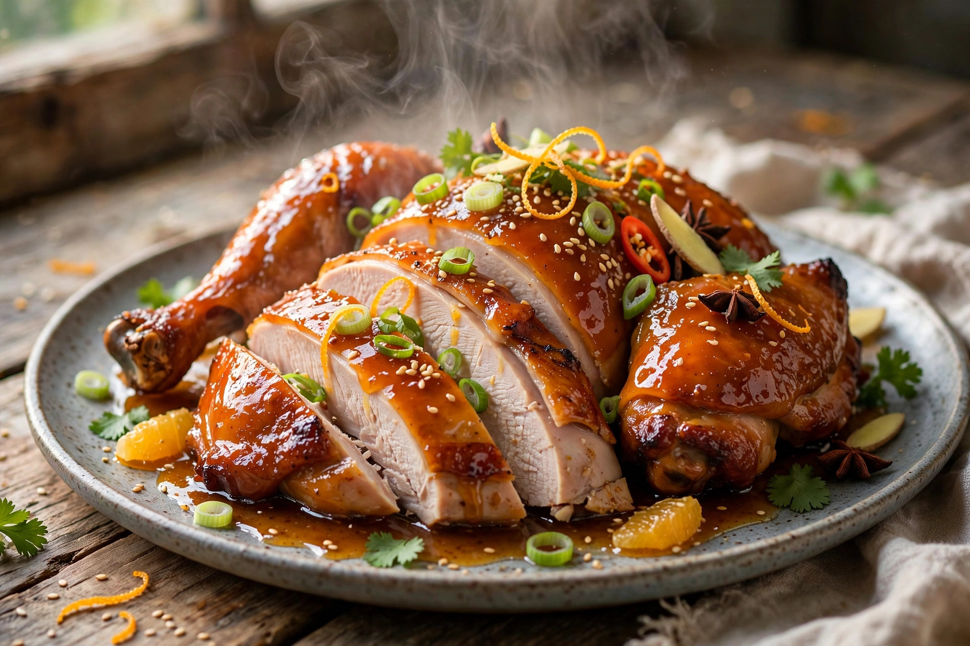 A bowl of Asian-Style Turkey in Orange Honey Glaze over rice